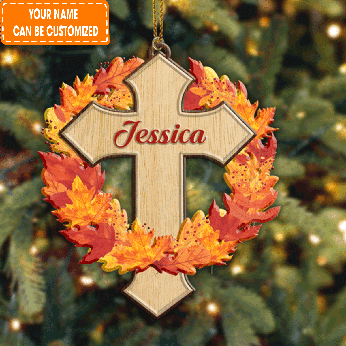Customized Autumn Maple Faith Cross Jesus Christian Lover Acrylic Ornament, Fall Autumn Christmas Decor For Christian
