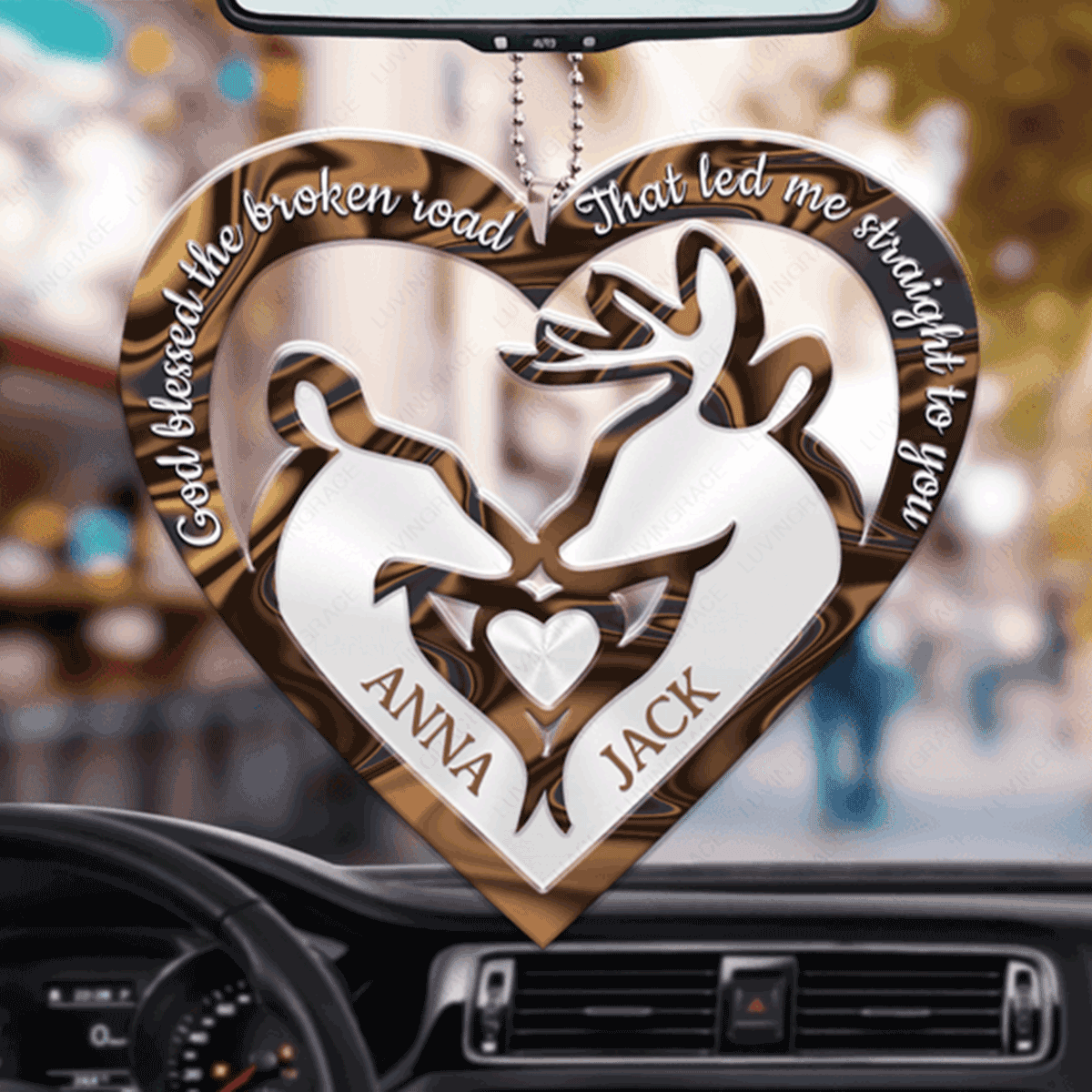 Customized Name Deer Couple In Heart Shape God Blessed Acrylic Car Ornament, Perfect Christmas Gift For Couple