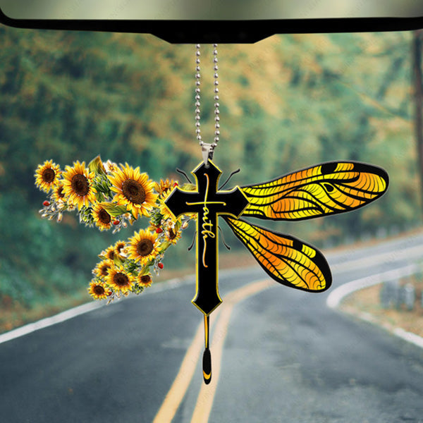 Sunflower Dragonfly Cross Faith Acrylic Car Ornament, Perfect Christmas Gift For Family, Friends