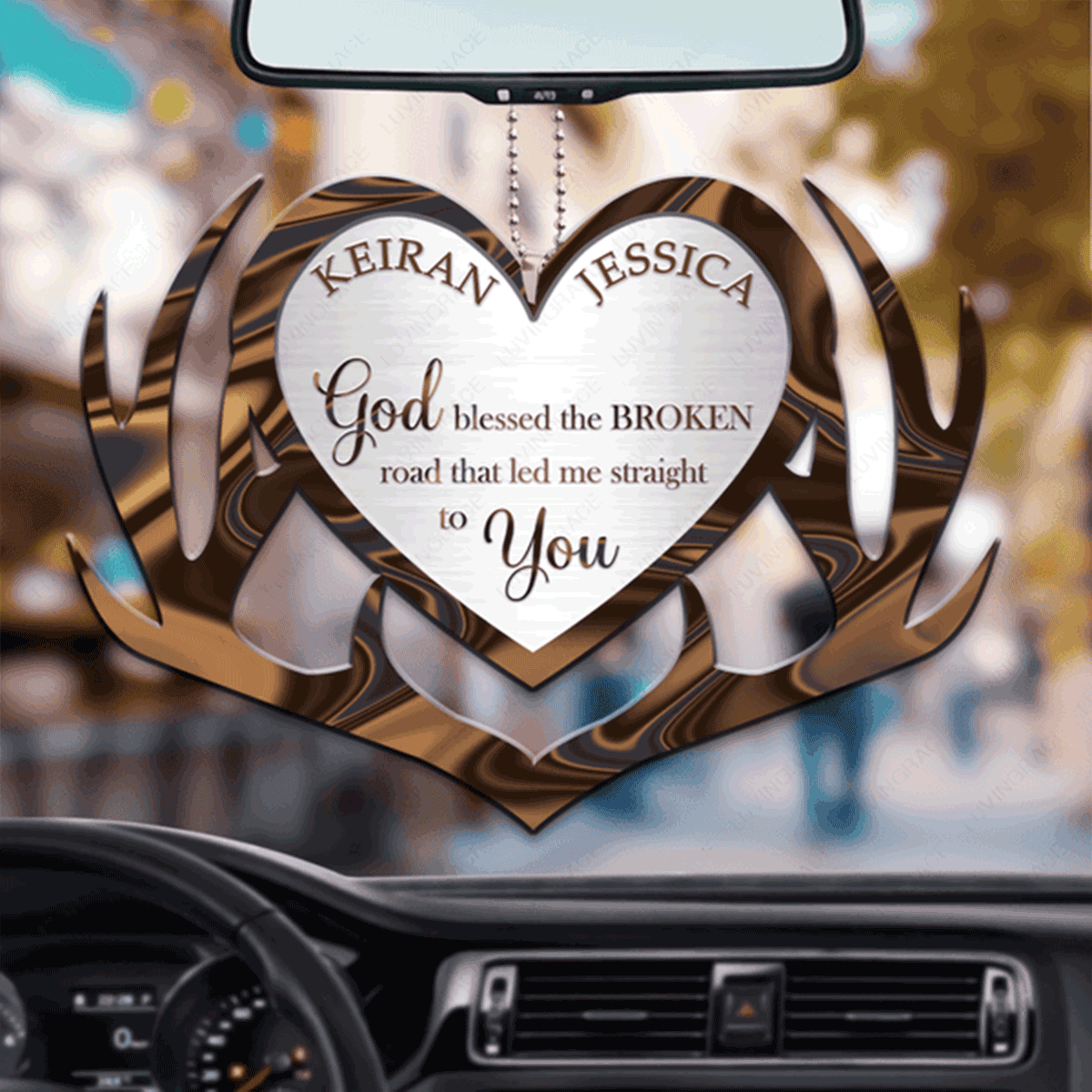 Personalized Antler Heart Couple God Blessed Acrylic Car Ornament, Perfect Christmas Gift For Couple
