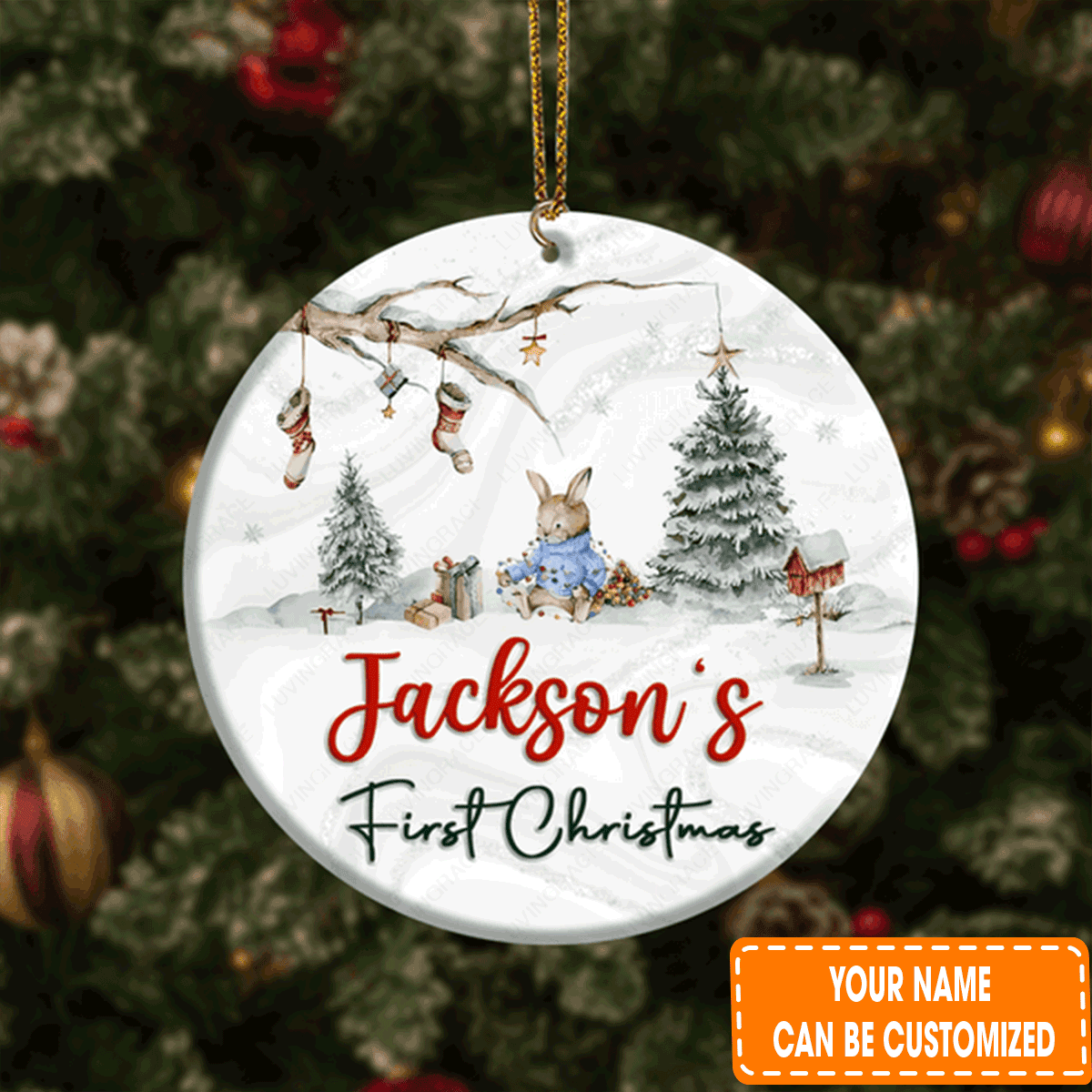 Personalized Baby Rabbit In Forest First Circle Ceramic Ornament For 1st Christmas Daughter, Son, Family