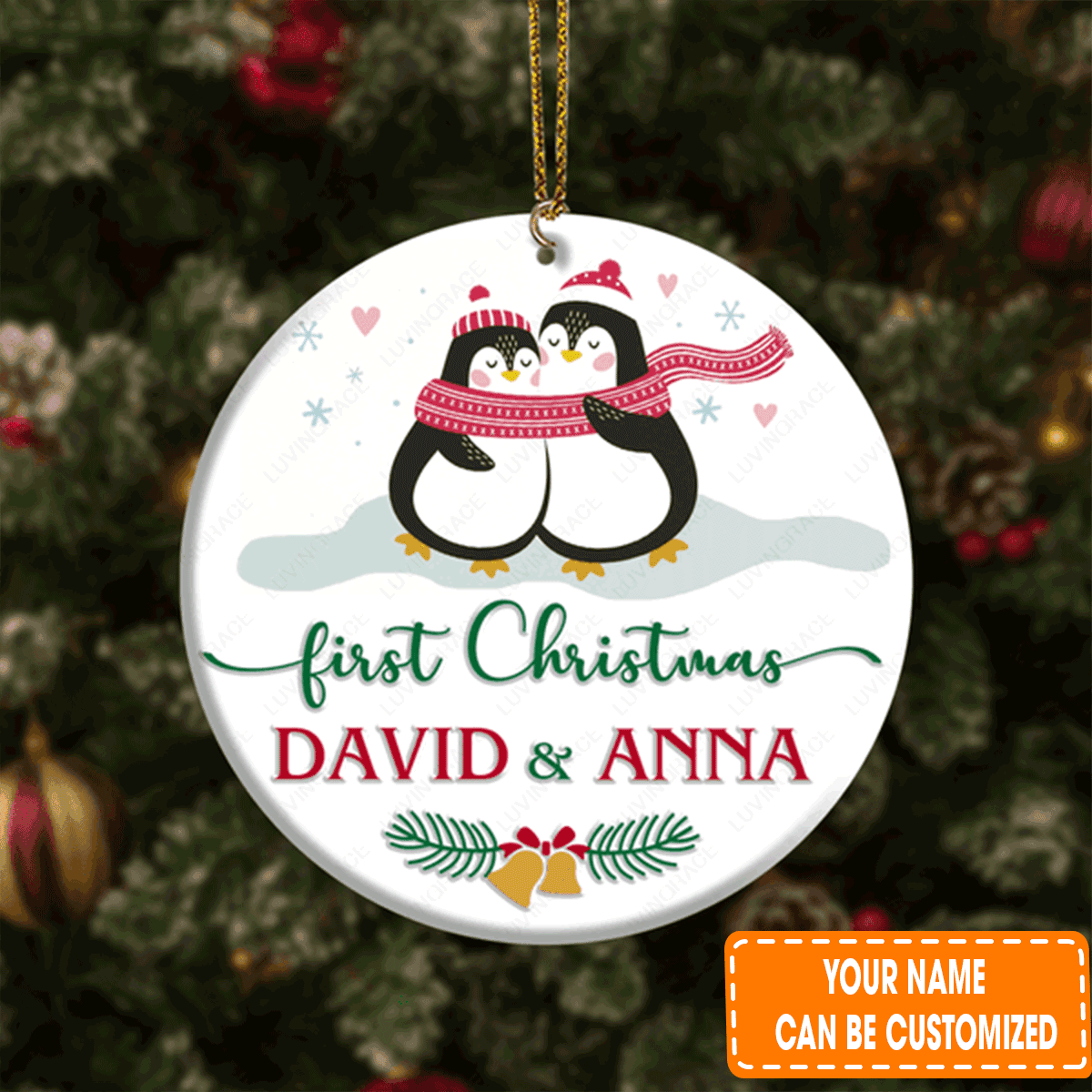 Personalized Loving Penguin Couple Our First Circle Ceramic Ornament For Couple