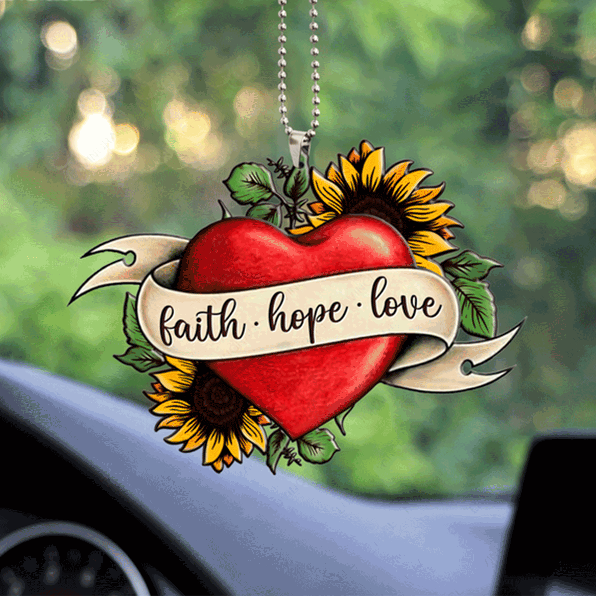 Sunflower Heart Faith Hope Love Acrylic Car Ornament, Perfect Christmas Gift For Family, Friend