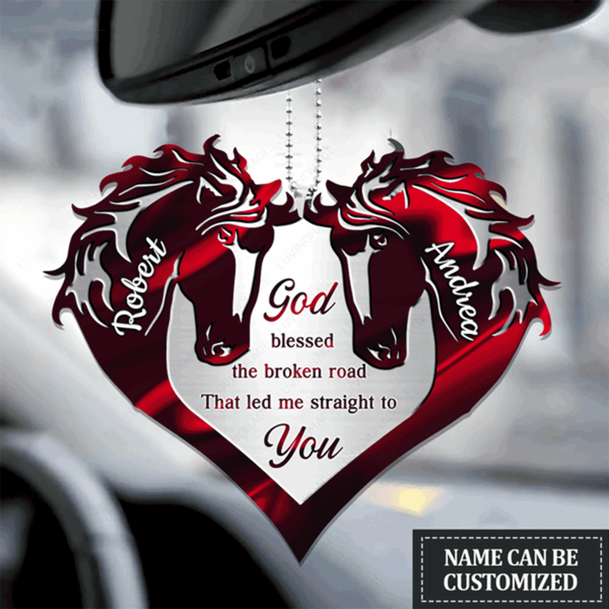 Personalized Hologram Couple Horse Heart God Blessed Acrylic Car Ornament, Perfect Christmas Gift For Couple