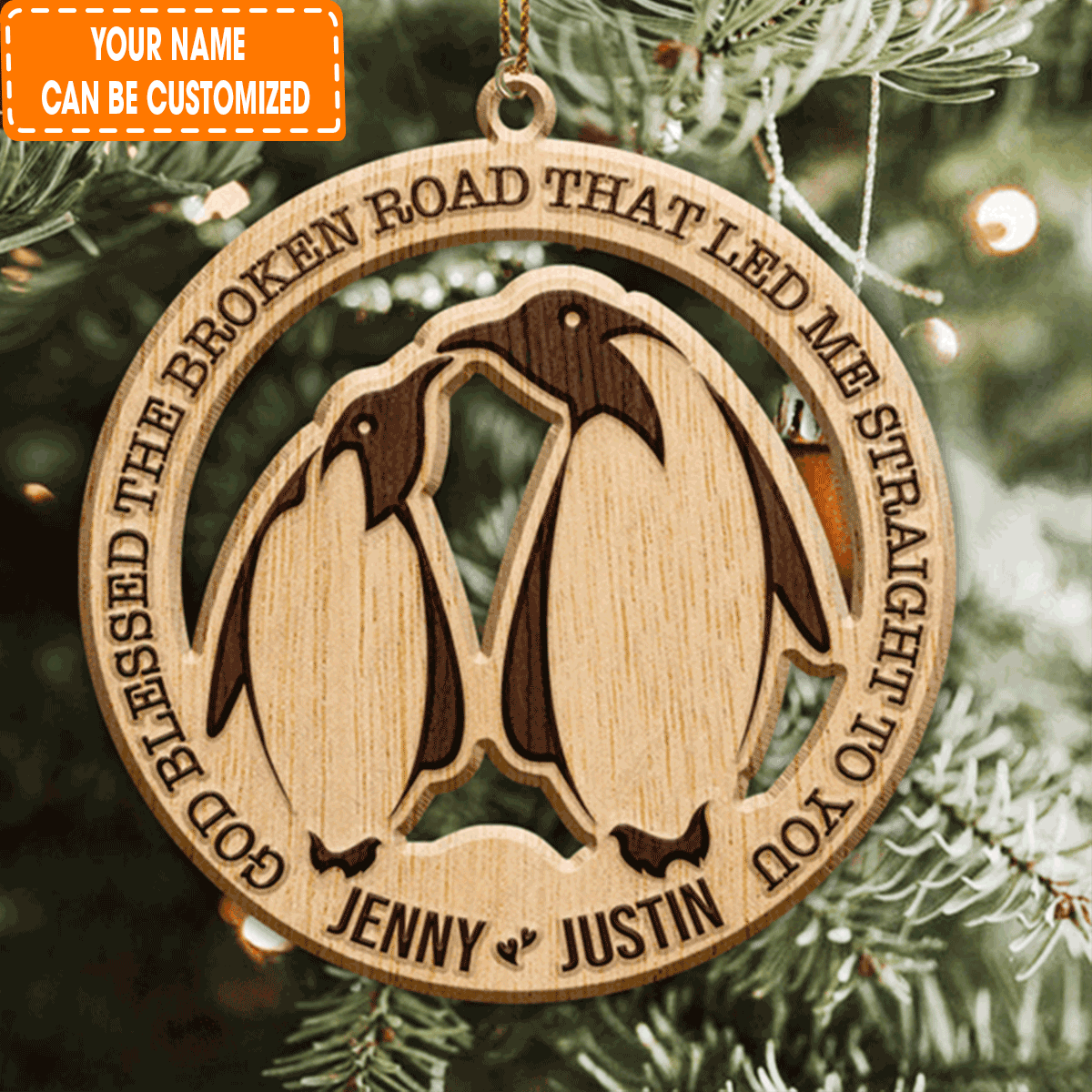 Custom Jesus Acrylic Ornament, Personalized Penguin Couple God Blessed Acrylic Ornament For Christian, Holiday Decor