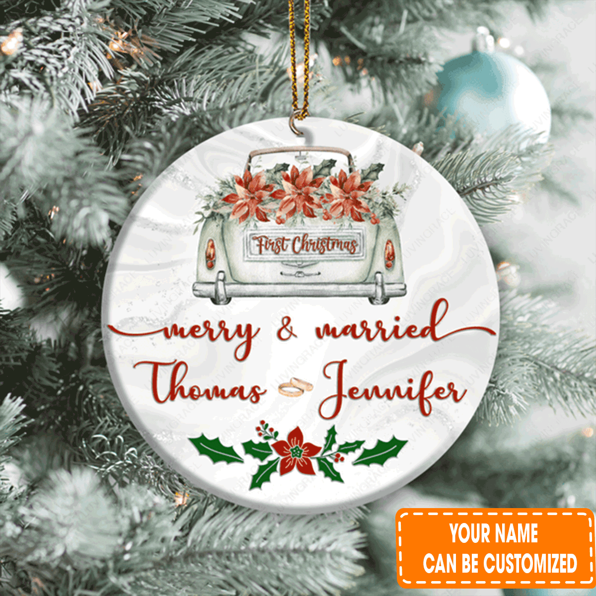 Personalized Wedding Flower Car First Christmas Merry And Married Circle Ceramic Ornament For 1st Christmas Couple