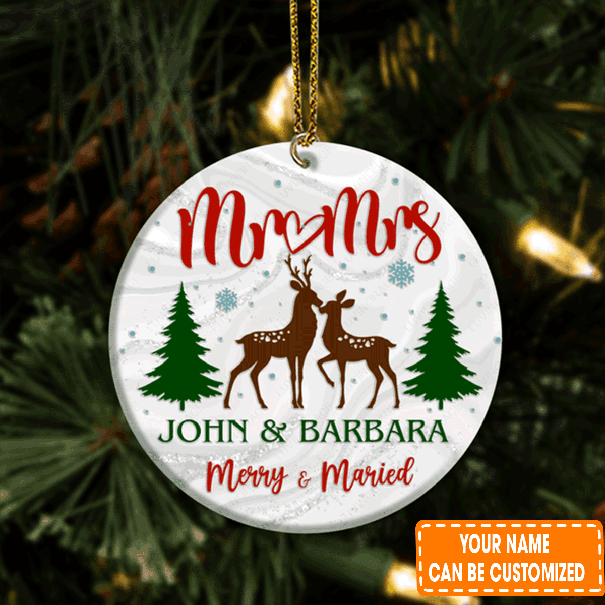 Personalized Reindeer Christmas Pine Merry And Married Circle Ceramic Ornament For 1st Christmas Couple