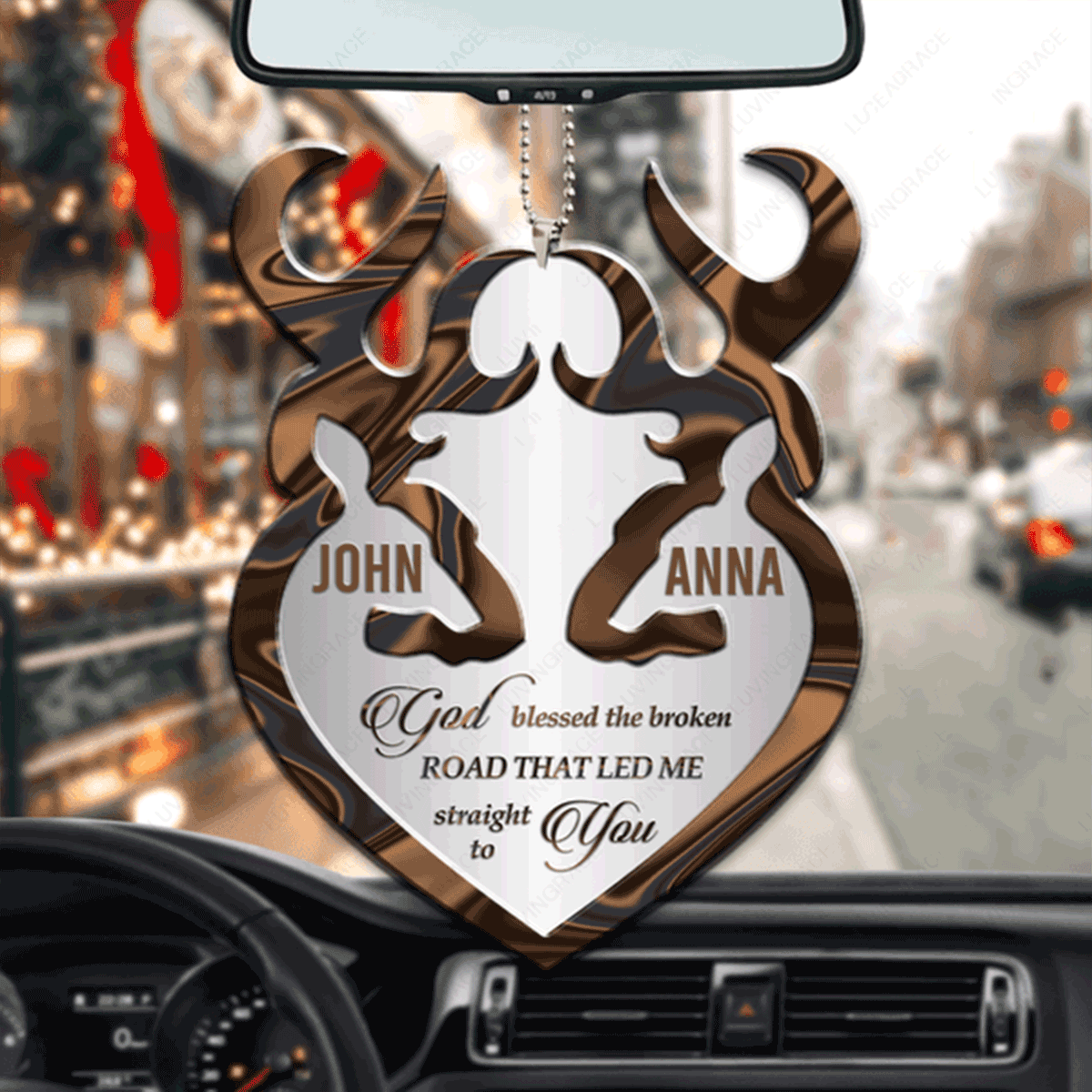 Personalized Couple Deer With Heart God Blessed Acrylic Car Ornament, Perfect Christmas Gift For Couple