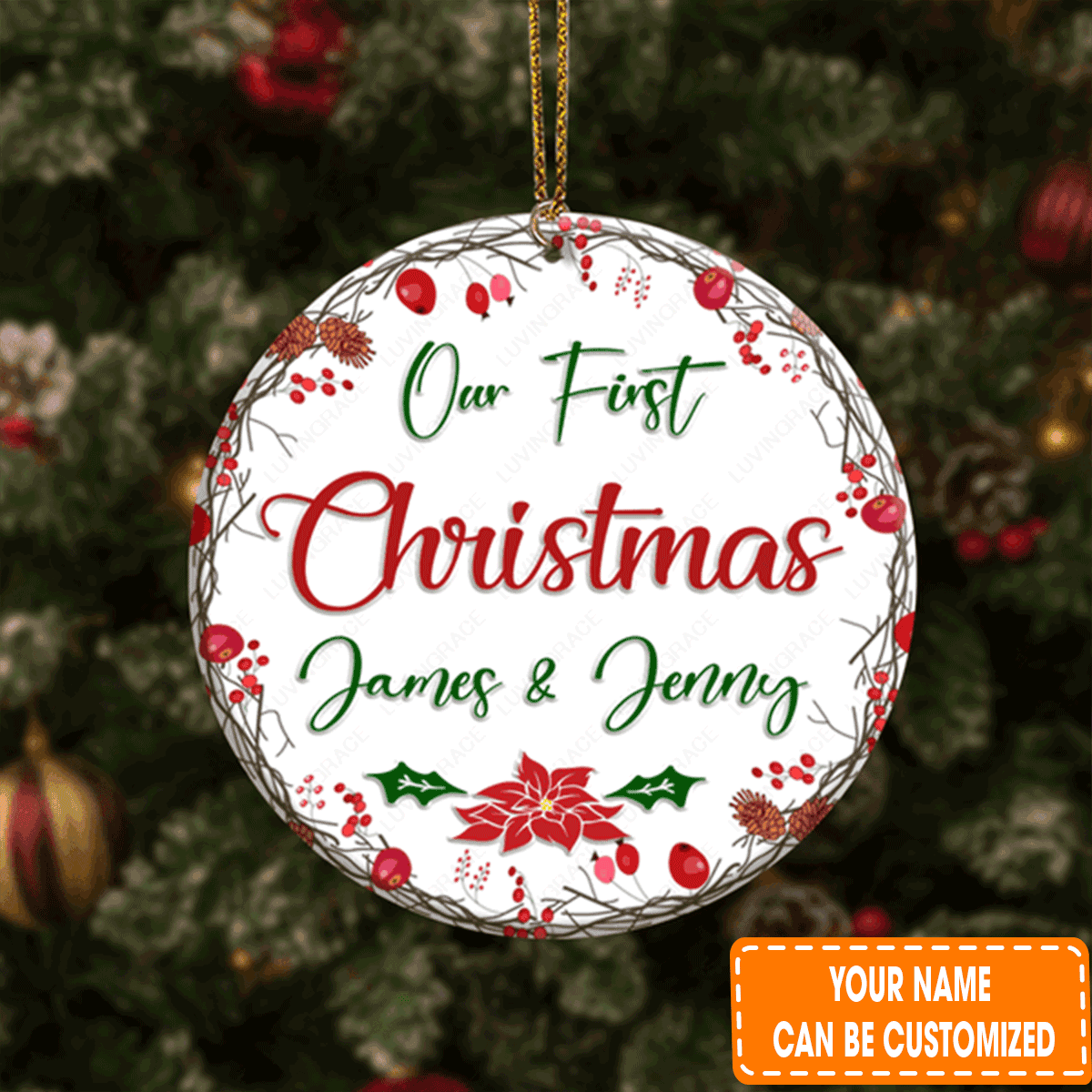 Personalized Red Floral Frame Poinsettia Our First Christmas Couple Circle Ceramic Ornament For Couple