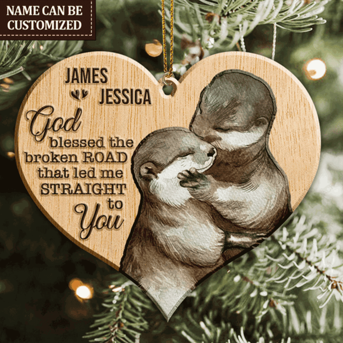Personalized Cuddling Otter Couple God Blessed Heart Acrylic Ornament For Couple, Couple Holiday Gift