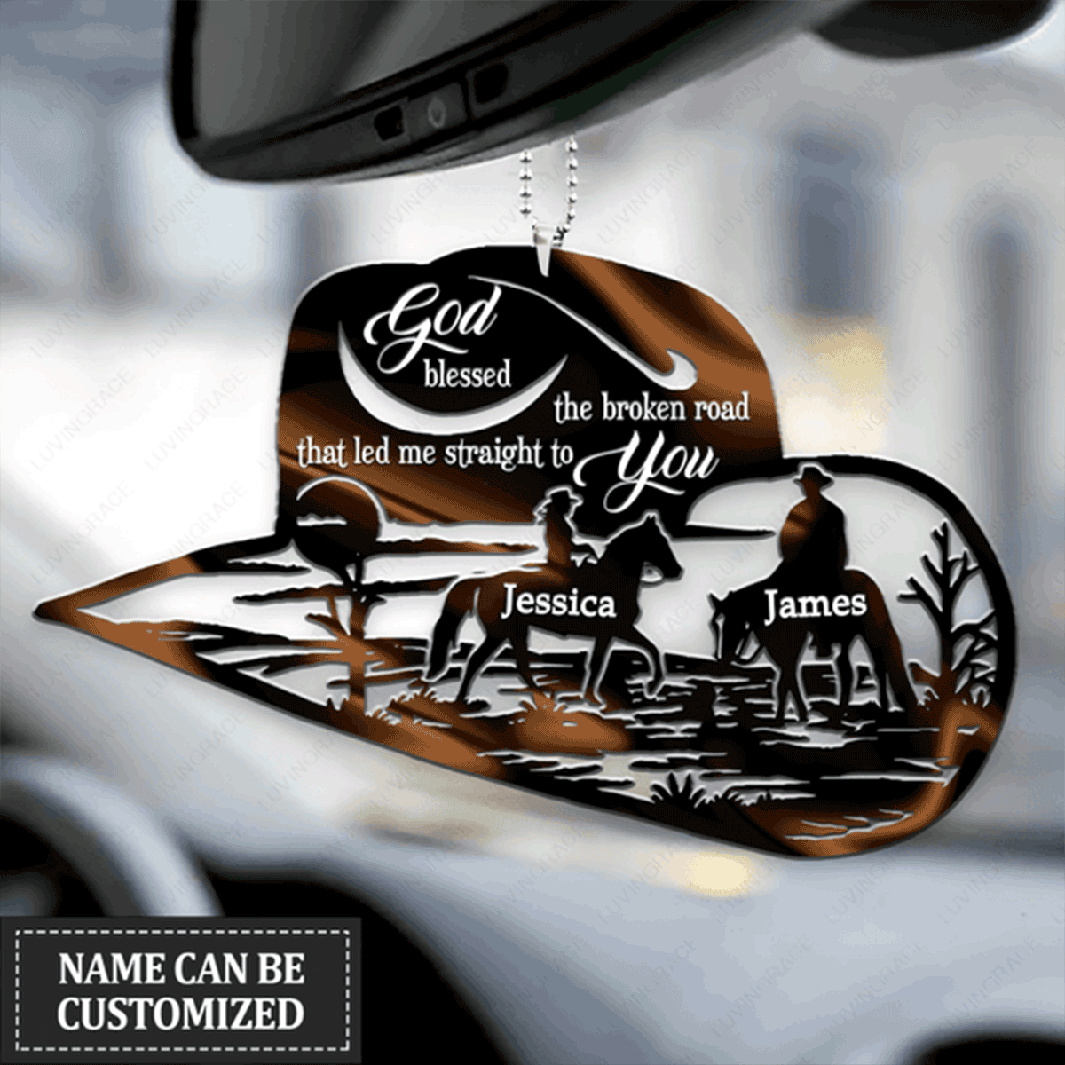 Customized Name Cowboy Couple Scene God Blessed Acrylic Car Ornament, Perfect Christmas Gift For Family, Friends
