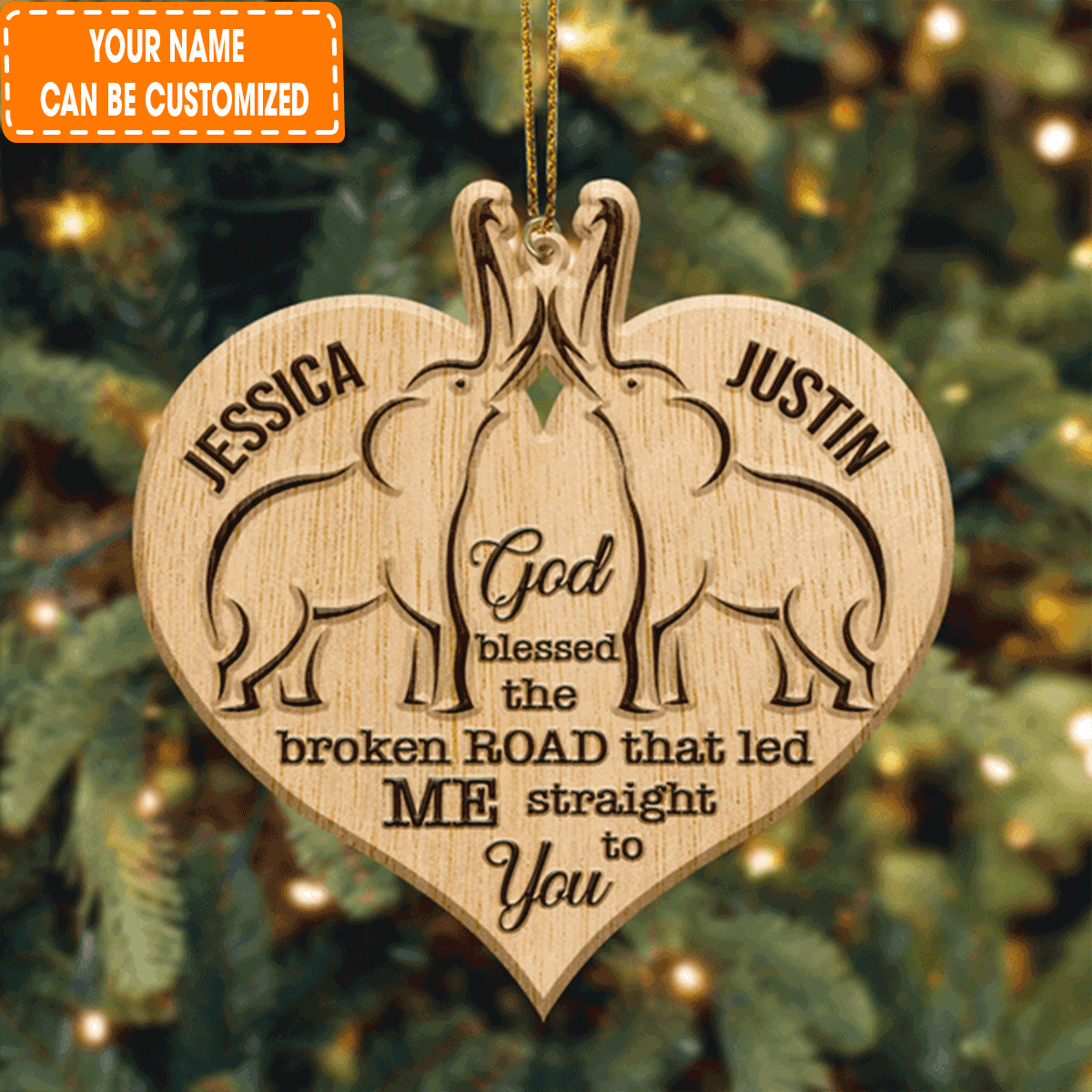 Personalized Heart Elephant Couple God Blessed Wood Engraved Acrylic Ornament For Couple, Christmas Holiday Decor