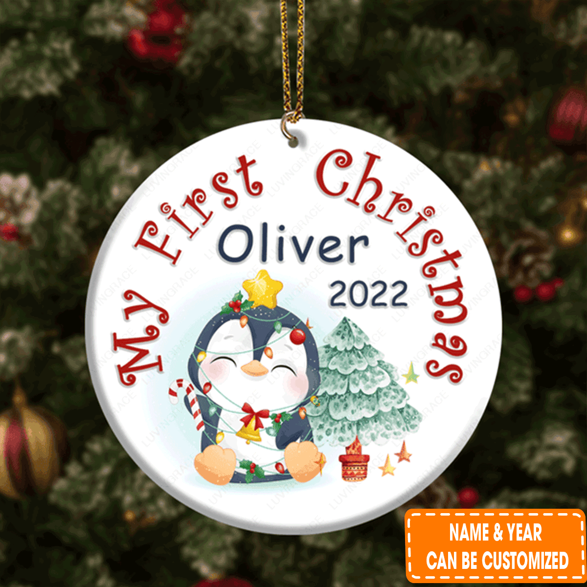 Personalized Baby Penguin First Christmas Circle Ceramic Ornament For 1st Christmas Daughter And Son