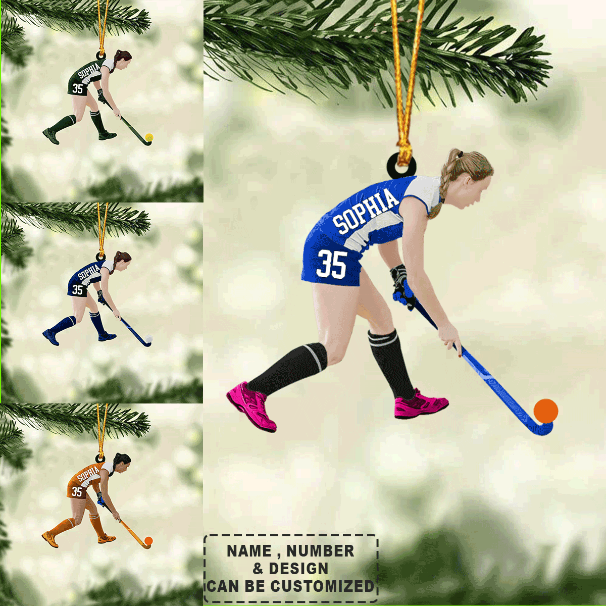 Personalized Woman, Girl, Female Field Hockey Player Acrylic Ornament, Custom Christmas Ornament Gifts For Hockey Player
