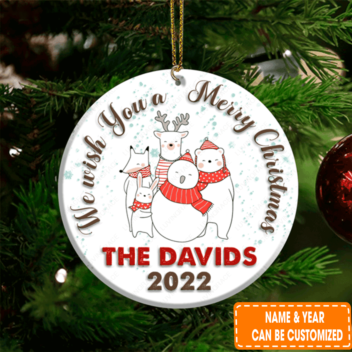 Personalized Christmas Bear Family We Wish You A Merry Christmas Circle Ceramic Ornament For Family