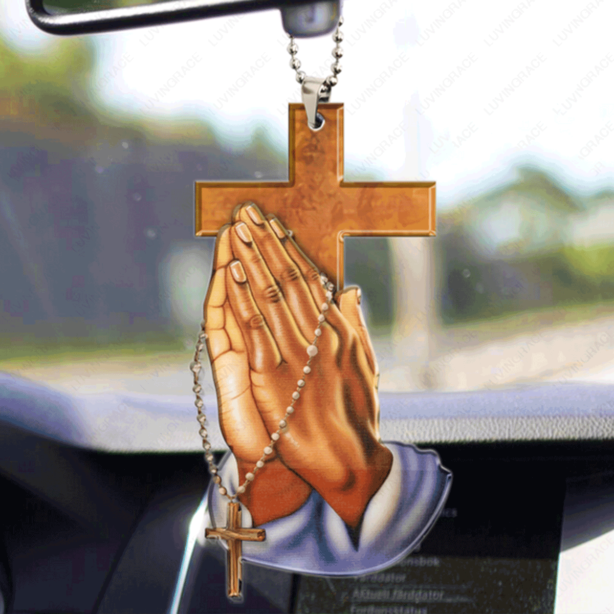 Cross Behind Praying Hands Acrylic Car Ornament, Perfect Christmas Gift For Family, Friend