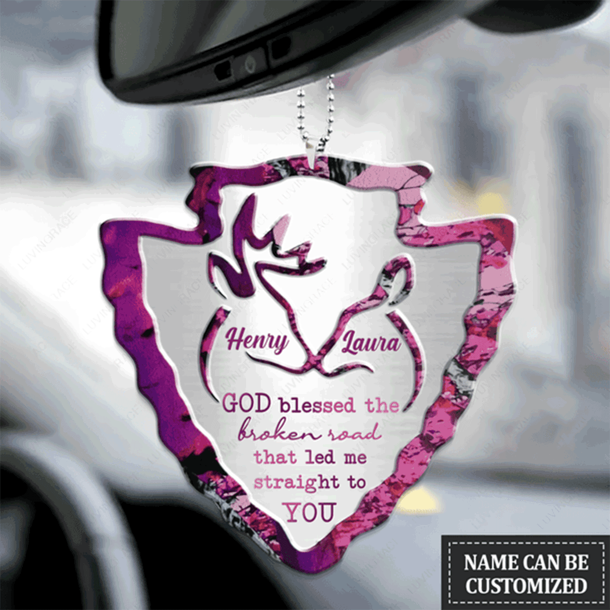 Personalized Couple Buck & Doe Heart Arrowhead God Blessed Acrylic Car Ornament, Perfect Christmas Gift For Couple