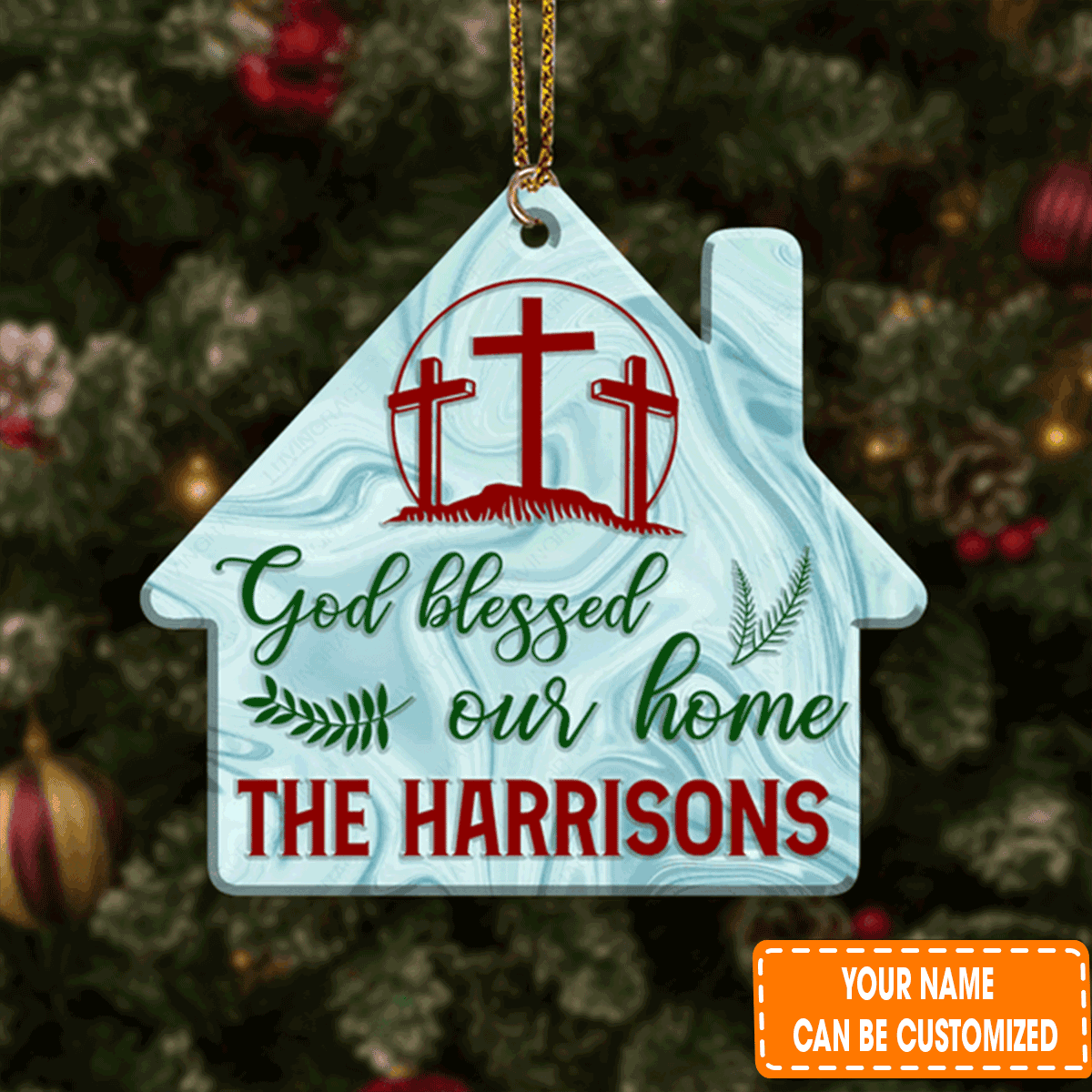 Personalized Hologram Cross House God Blessed Our Home Acrylic Ornament For Christian, Holiday Decor