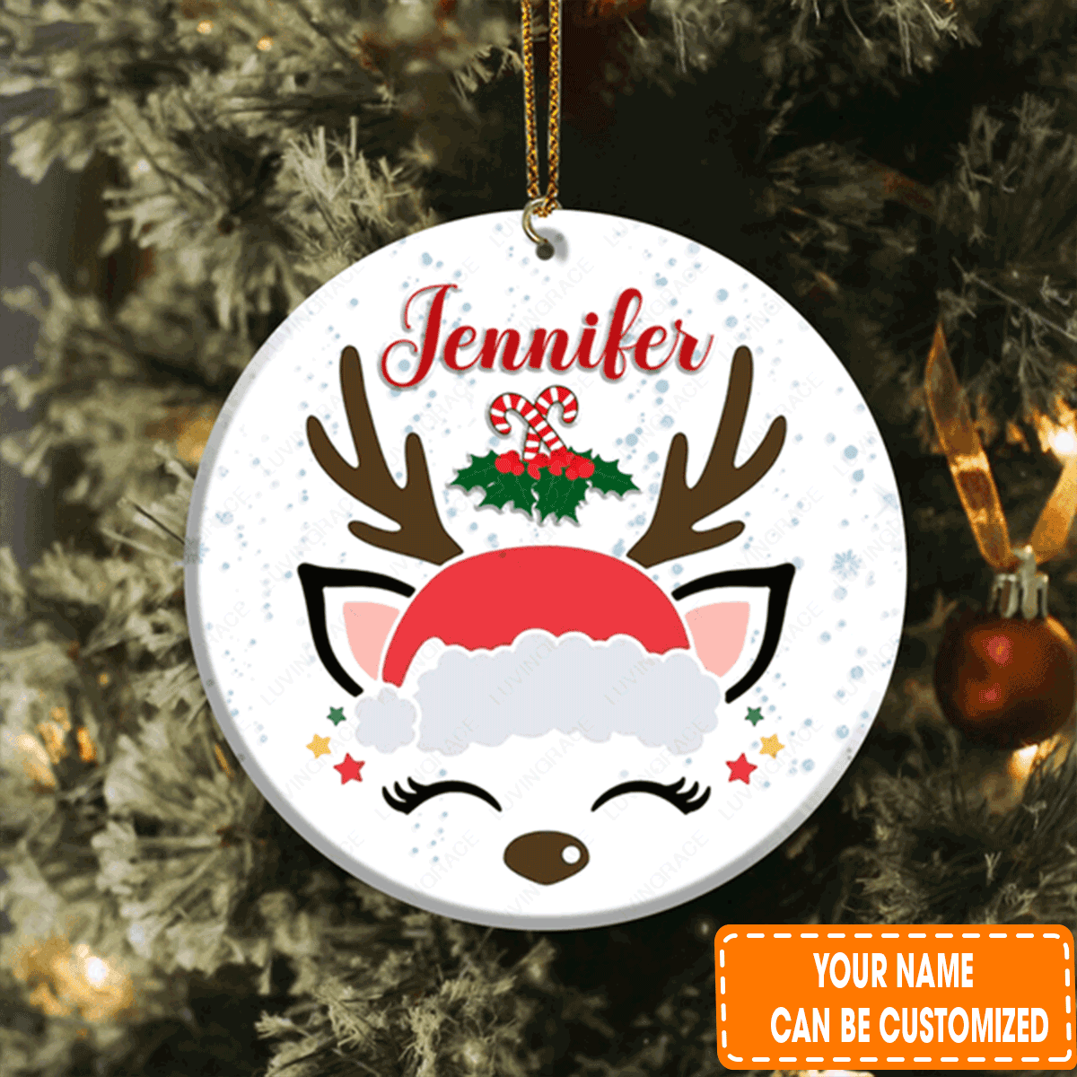 Personalized Christmas Candy Baby Antler Circle Ceramic Ornament For Daughter, Granddaughter