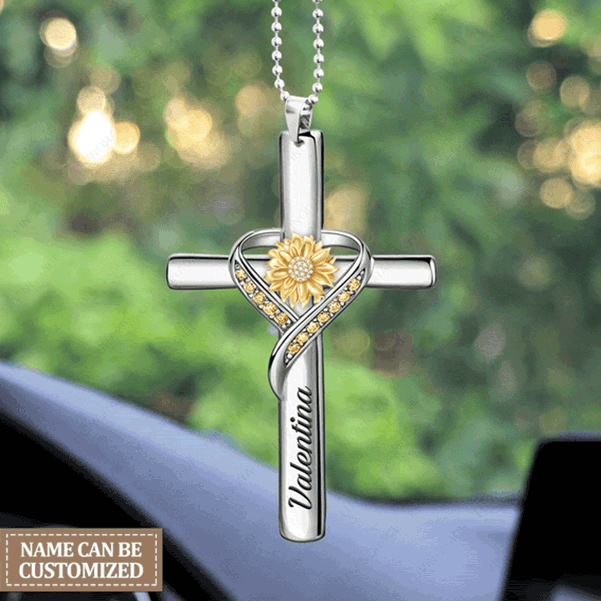 Customized Name Sunflower Cross Jewelry Acrylic Car Ornament, Perfect Christmas Gift For Family, Friends