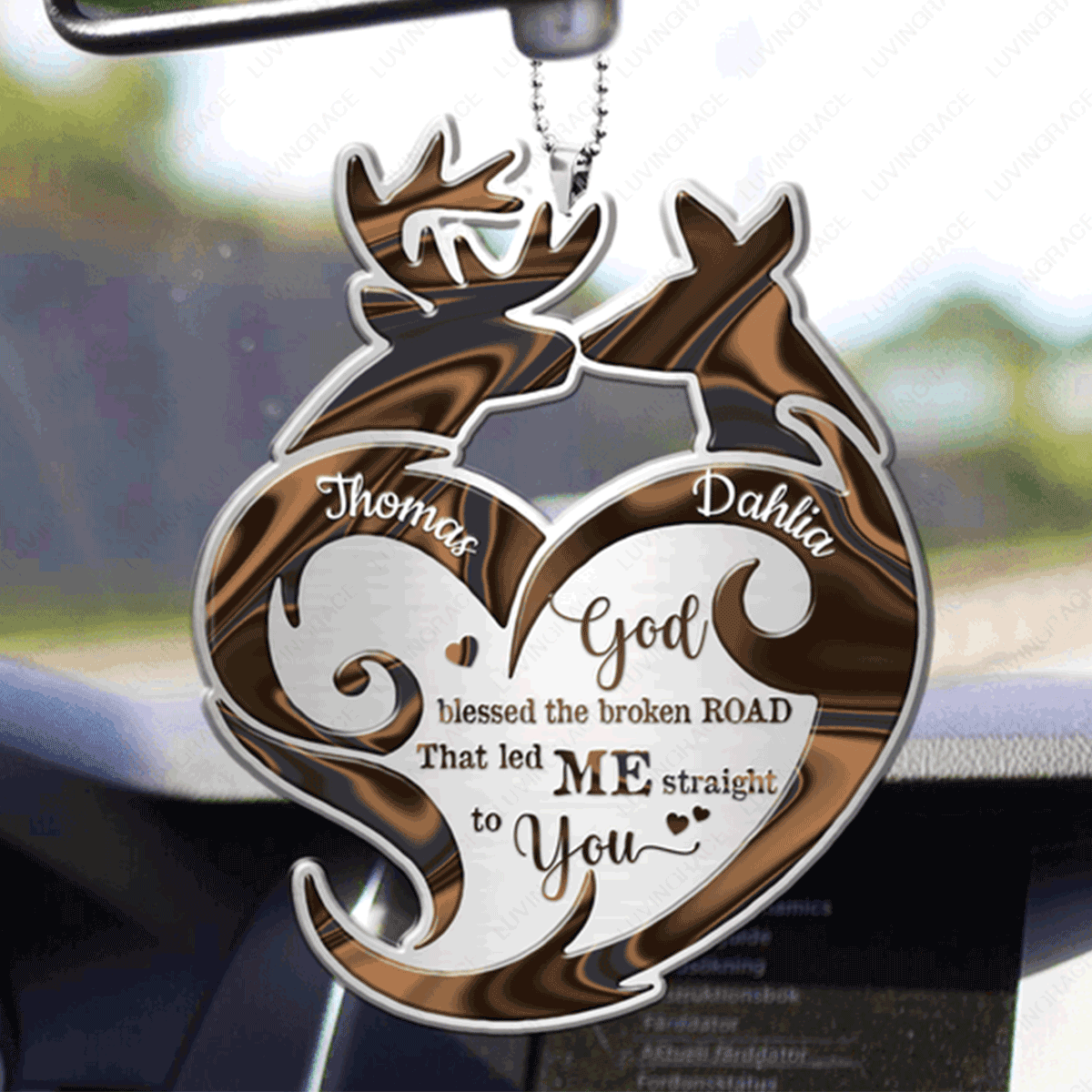 Customized Name Buck And Doe Infinity Heart God Blessed Acrylic Car Ornament, Christmas Gift For Couple