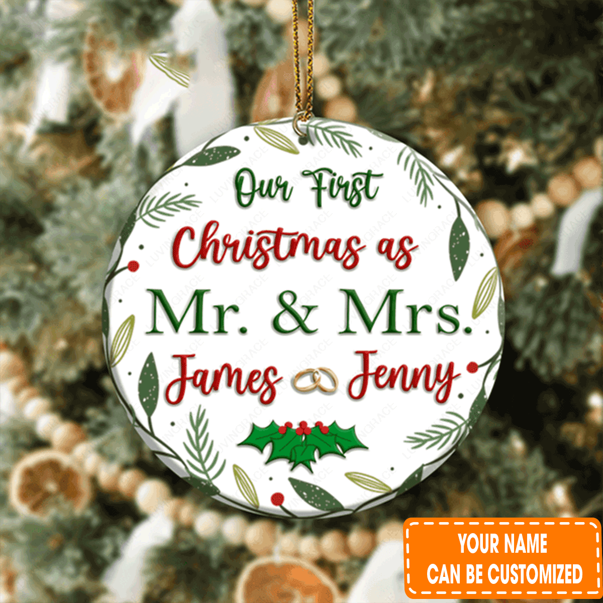 Personalized Floral Frame Couple Rings Our First Christmas Circle Ceramic Ornament For 1st Couple Christmas