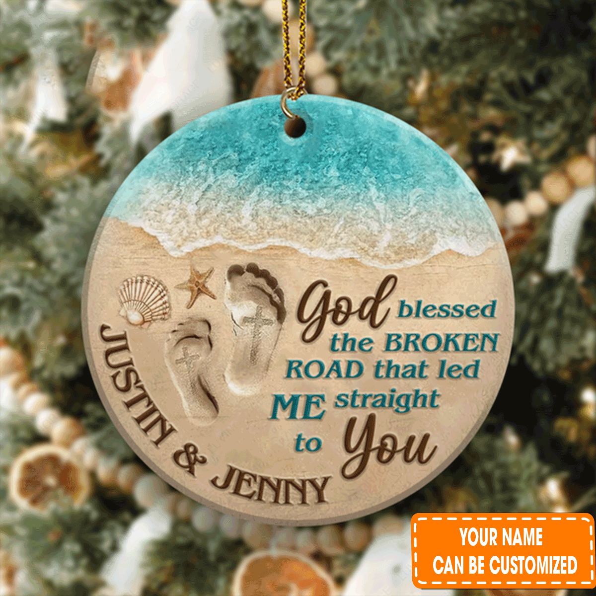 Personalized Couple Footprint On Beach God Blessed Acrylic Ornament For Couple