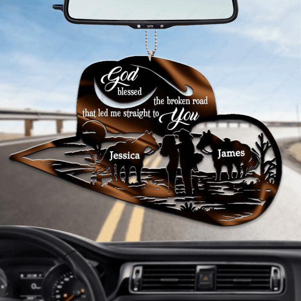 Personalized Cowboy Hat For Couple God Blessed Acrylic Car Ornament, Perfect Christmas Gift For Couple
