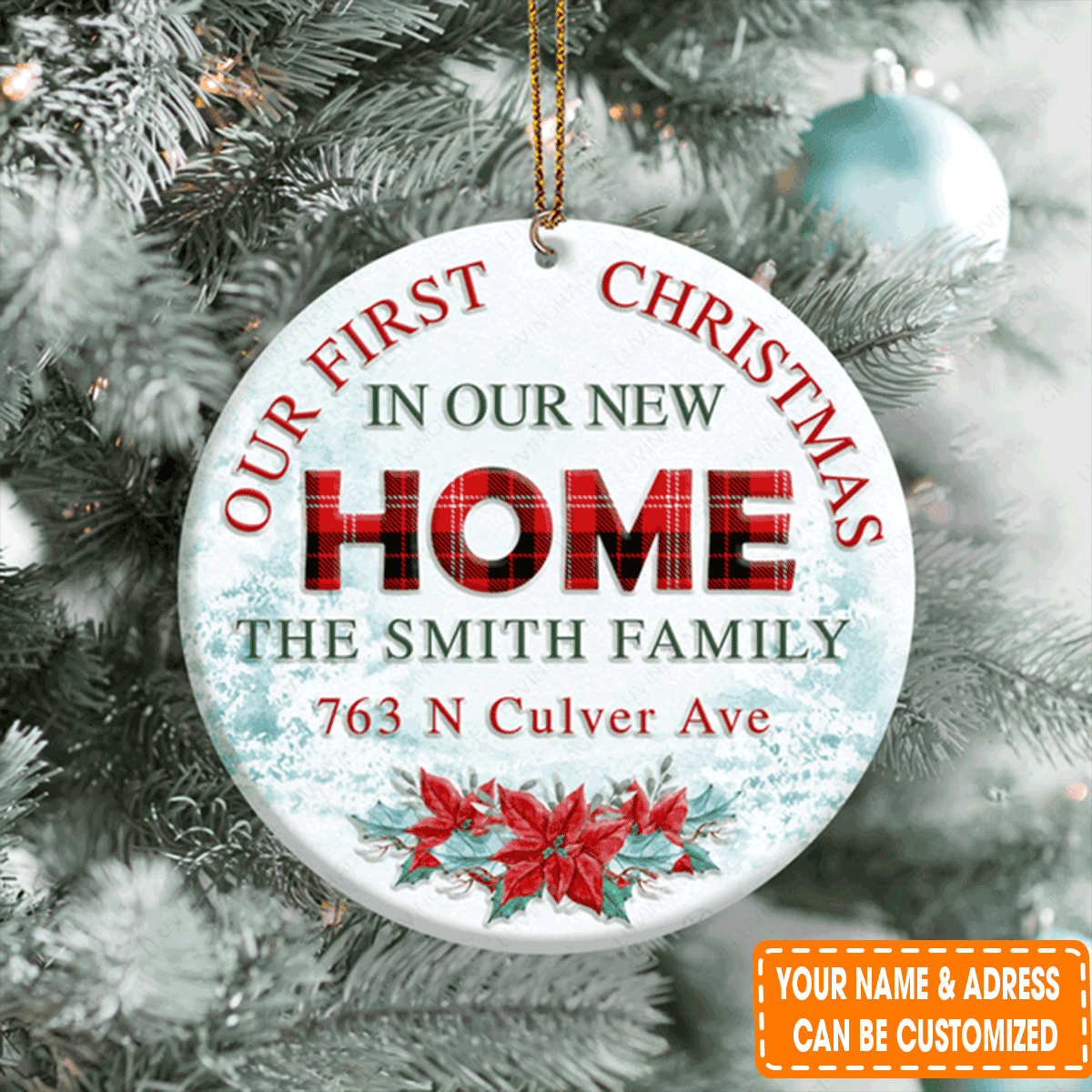 Personalized Poinsettia Snow Our First Christmas Circle Ceramic Ornament For 1st Christmas Family