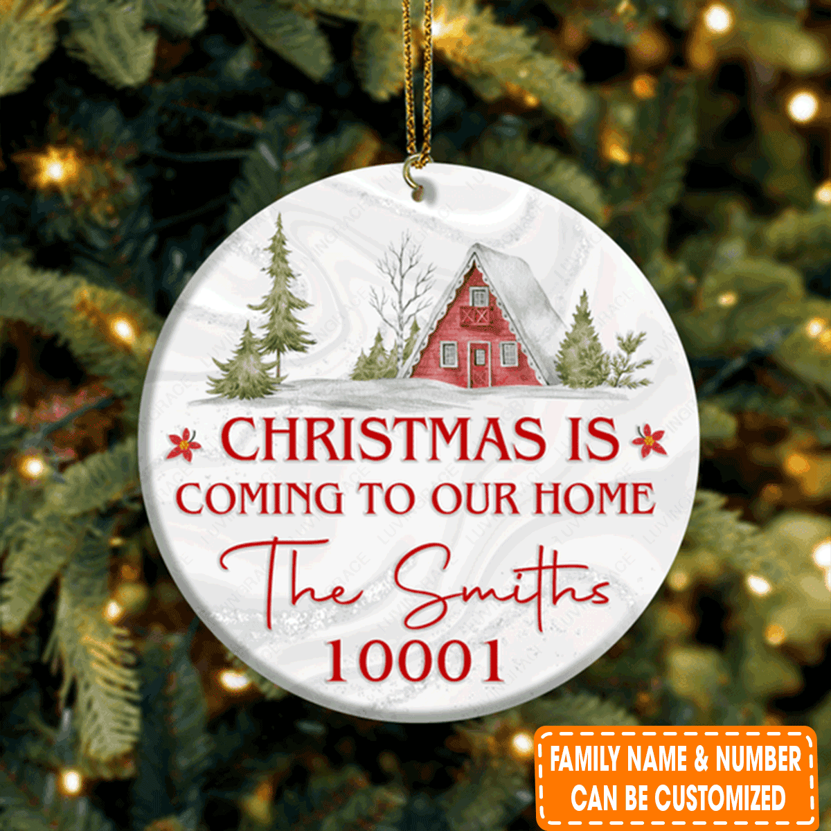 Personalized Vintage House Snow Christmas Is Coming Circle Ceramic Ornament For Family