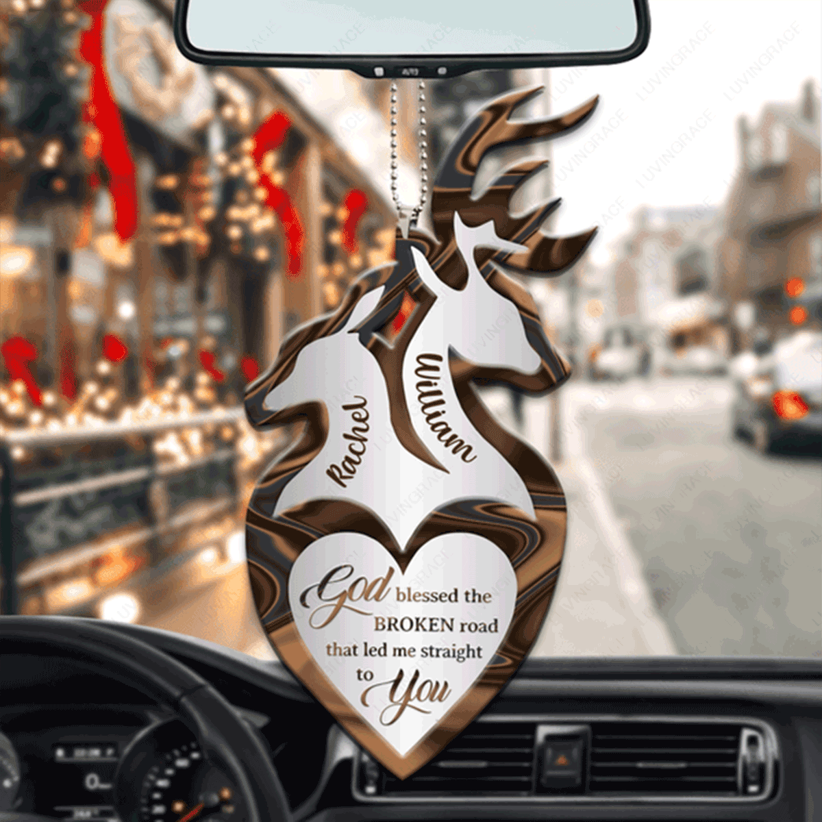 Customized Deer Couple With Heart God Blessed Acrylic Car Ornament, Perfect Christmas Gift For Couple