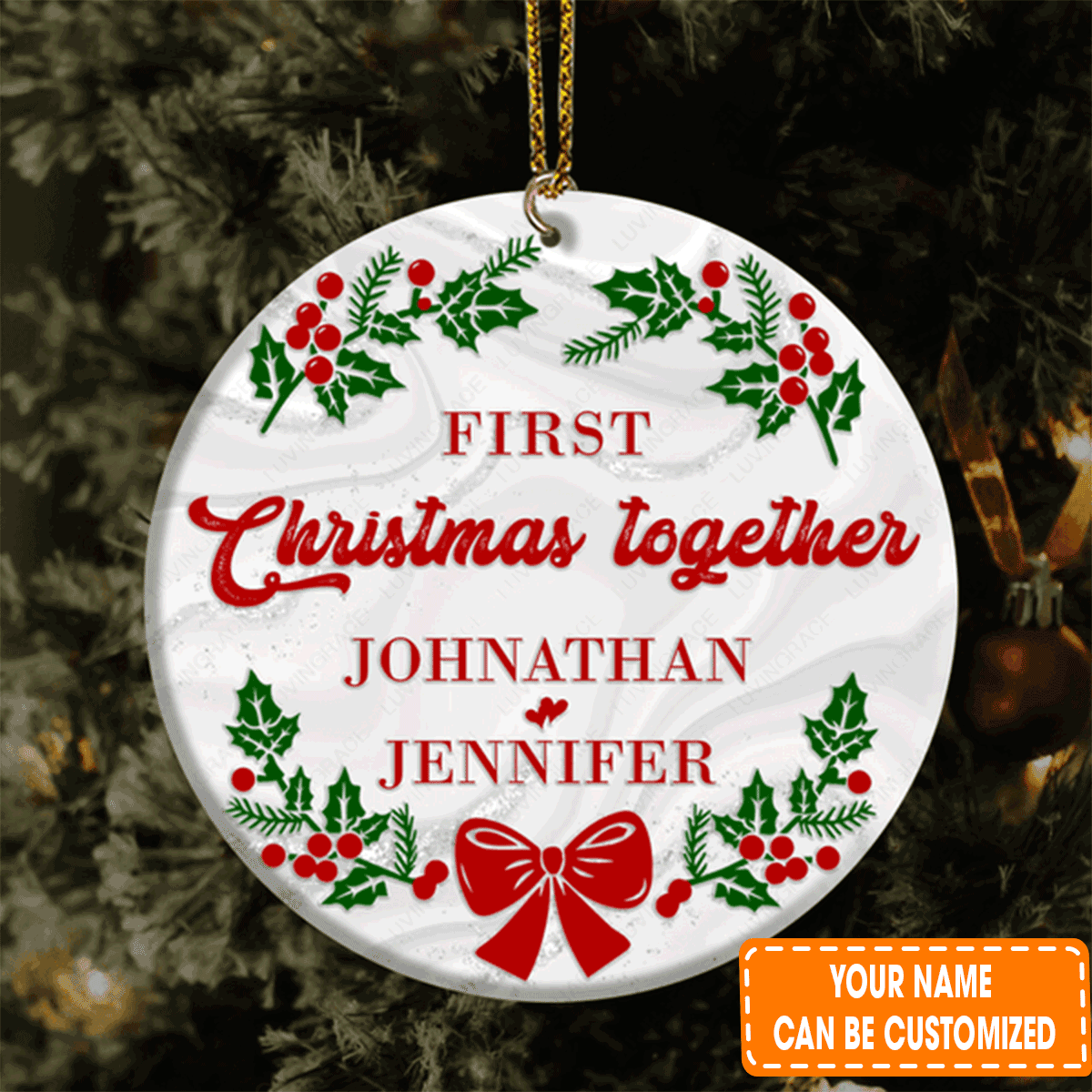 Personalized Red Green Poinsettia Floral First Christmas Together Couple Circle Ceramic Ornament For 1st Christmas Couple, Family