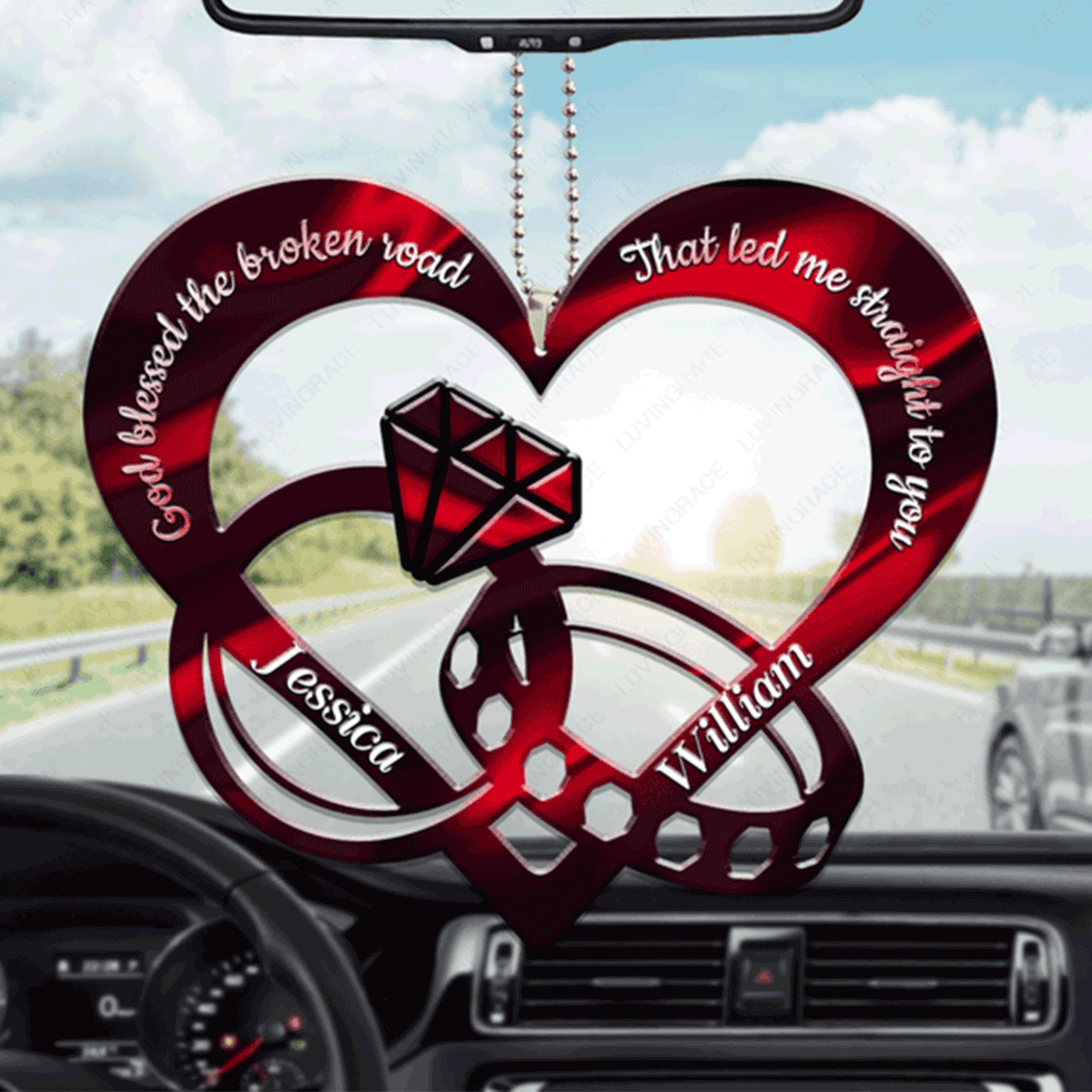Custom Name Heart Couple Rings God Blessed Acrylic Car Ornament, Perfect Christmas Gift For Couple