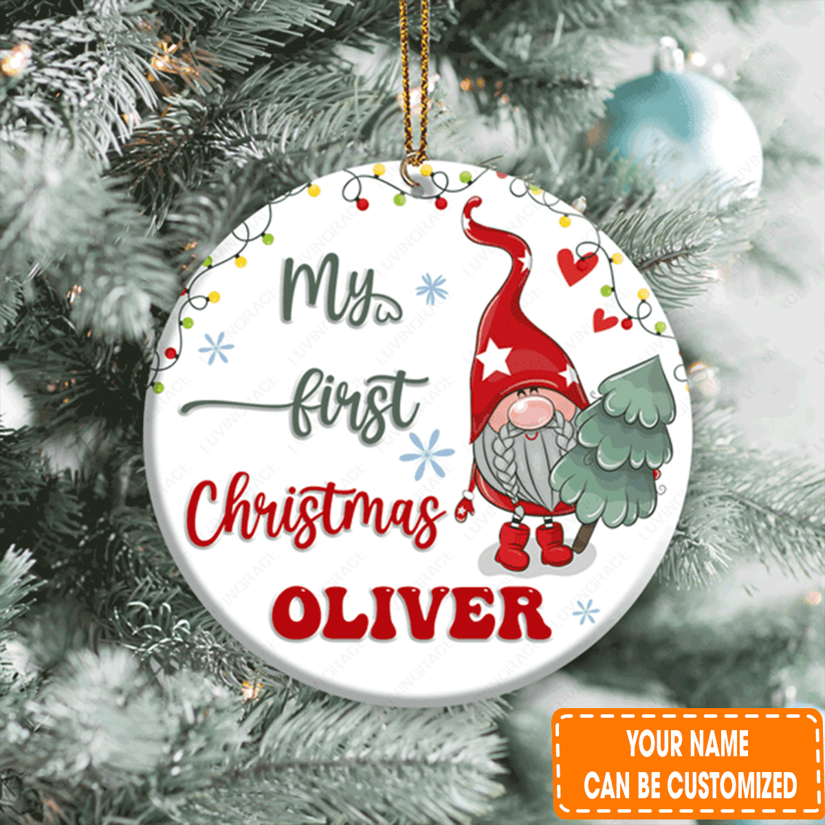 Personalized Gnome And Pine My First Christmas Christmas Circle Ceramic Ornament For 1st Daughter, Son, Family