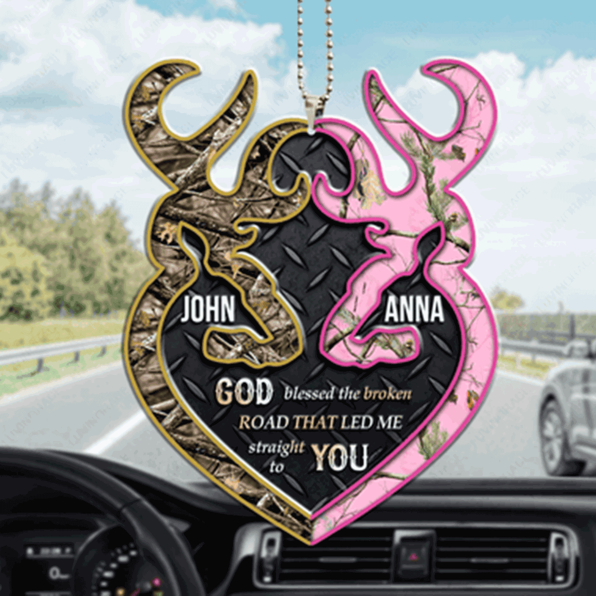 Customized Name Buck And Doe Infinity Heart God Blessed Acrylic Car Ornament, Christmas Gift For Couple