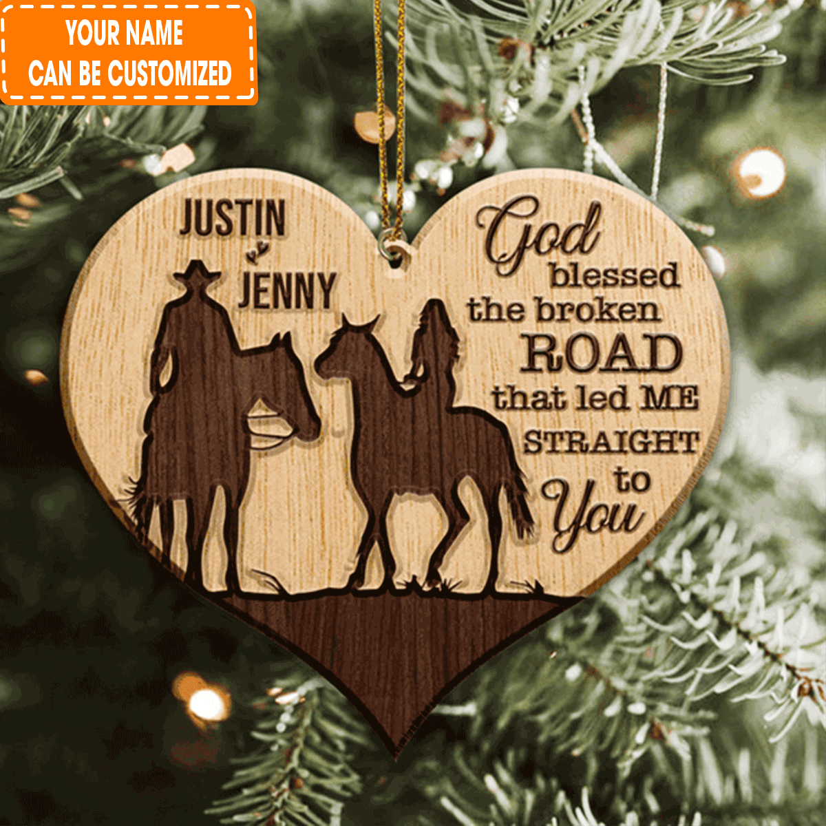 Personalized Heart Cowboy And Cowgirl God Blessed Wood Engraved Acrylic Ornament For Couple, Christmas Holiday Decor