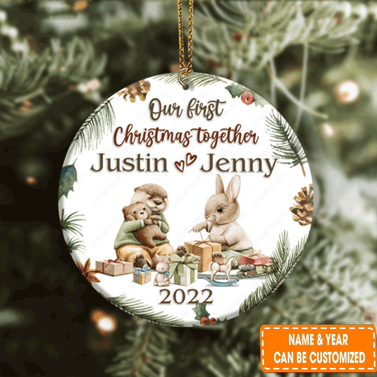 Personalized Bunny And Otter Couple Pine Floral Our First Christmas Circle Ceramic Ornament For 1st Christmas