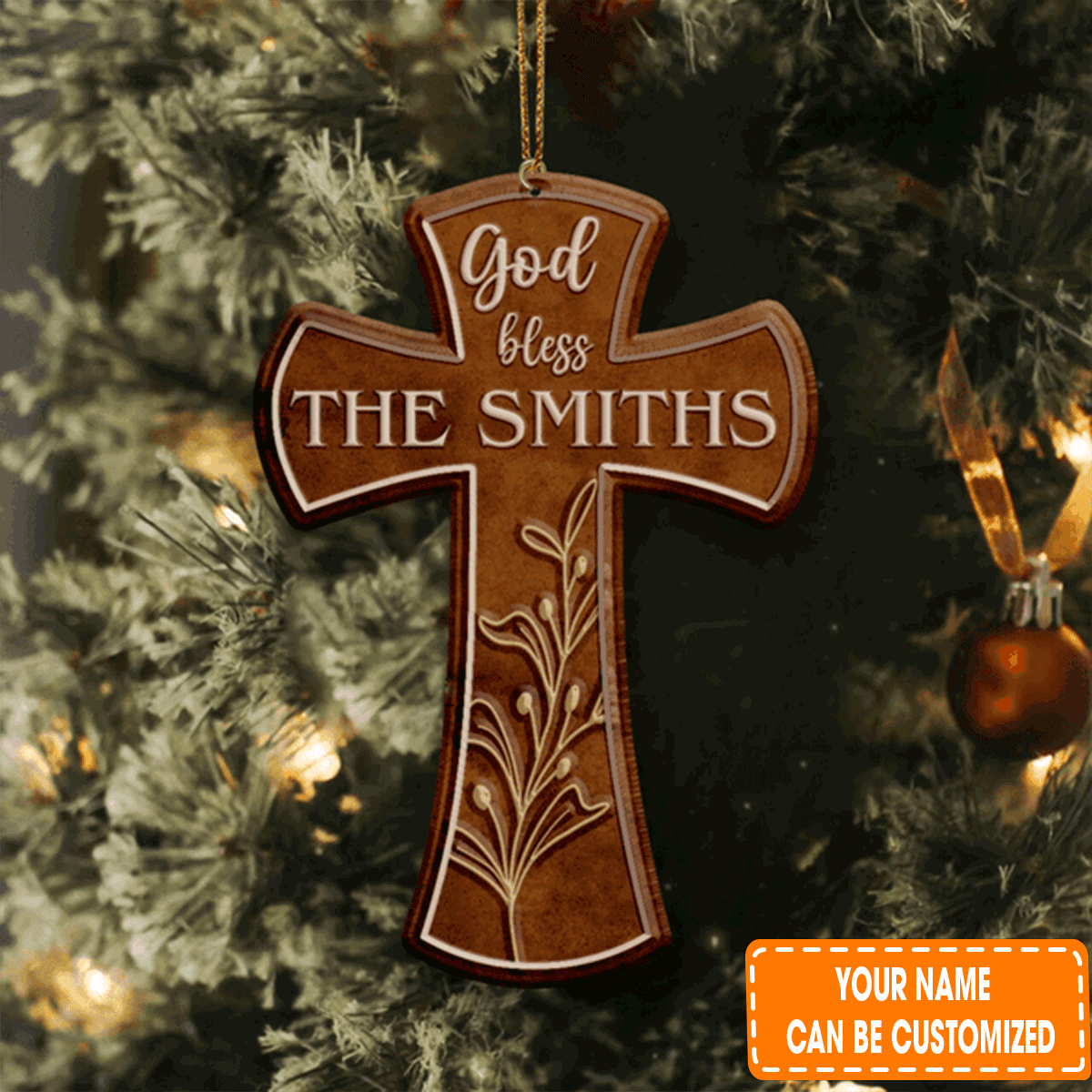 Personalized Vintage Cross God Blessed Family Name Acrylic Ornament For Christian, Christmas Holiday Decor