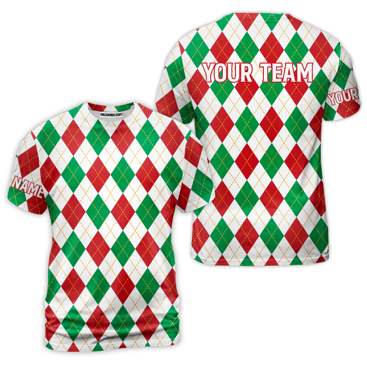 Christmas Plaid Argyle Pattern Golf T Shirt - Custom Name Apparel - Personalized Gift For Golf Lover, Team