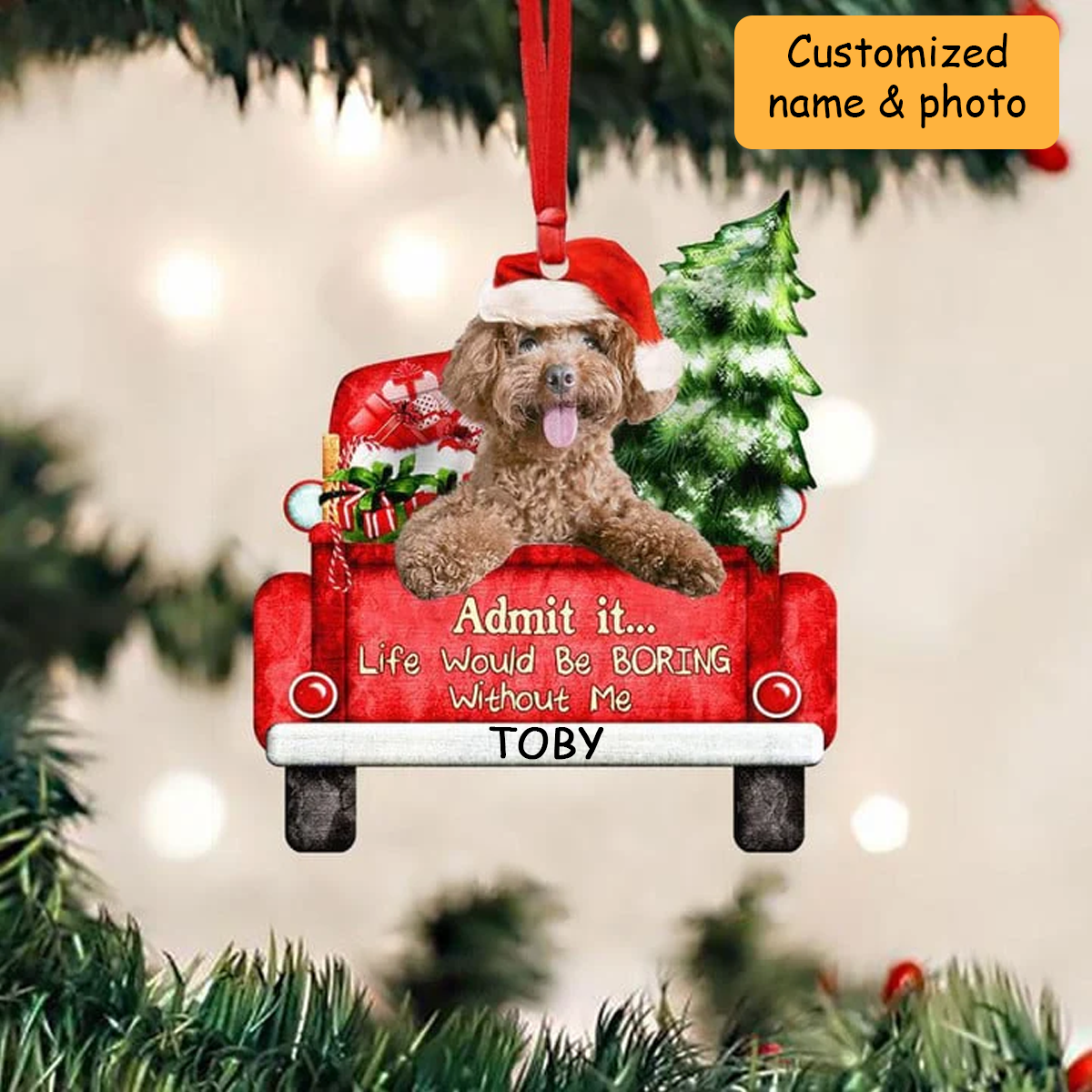 Customized Poodle On The Red Truck Acrylic Christmas Ornament, Christmas Gift For Dog Lovers, Dog Owners