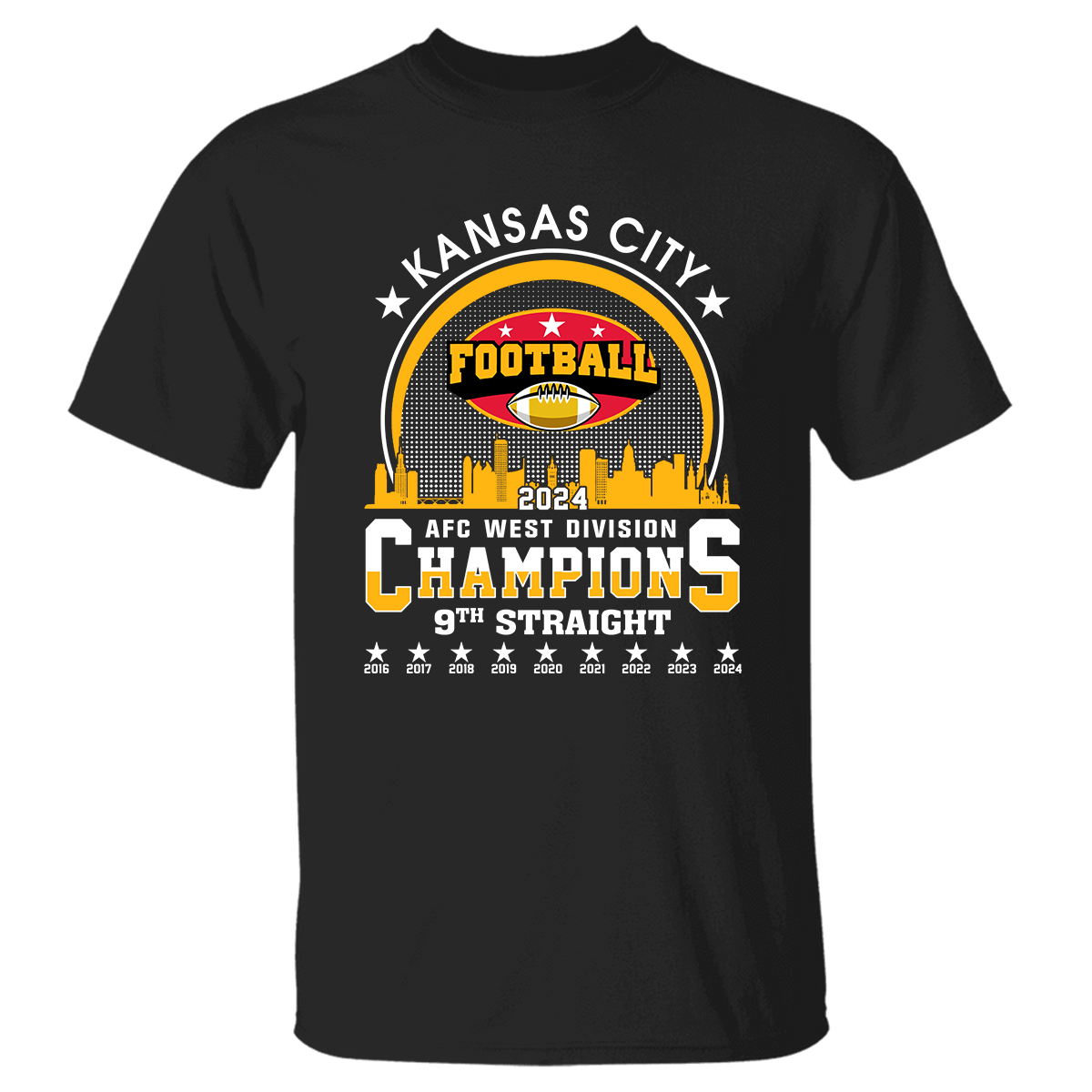2024 Kansas City Football AFC West Champs 9th Straight T-Shirts Skyline, Conquered The AFC West Champs Shirt For Kansas City Football