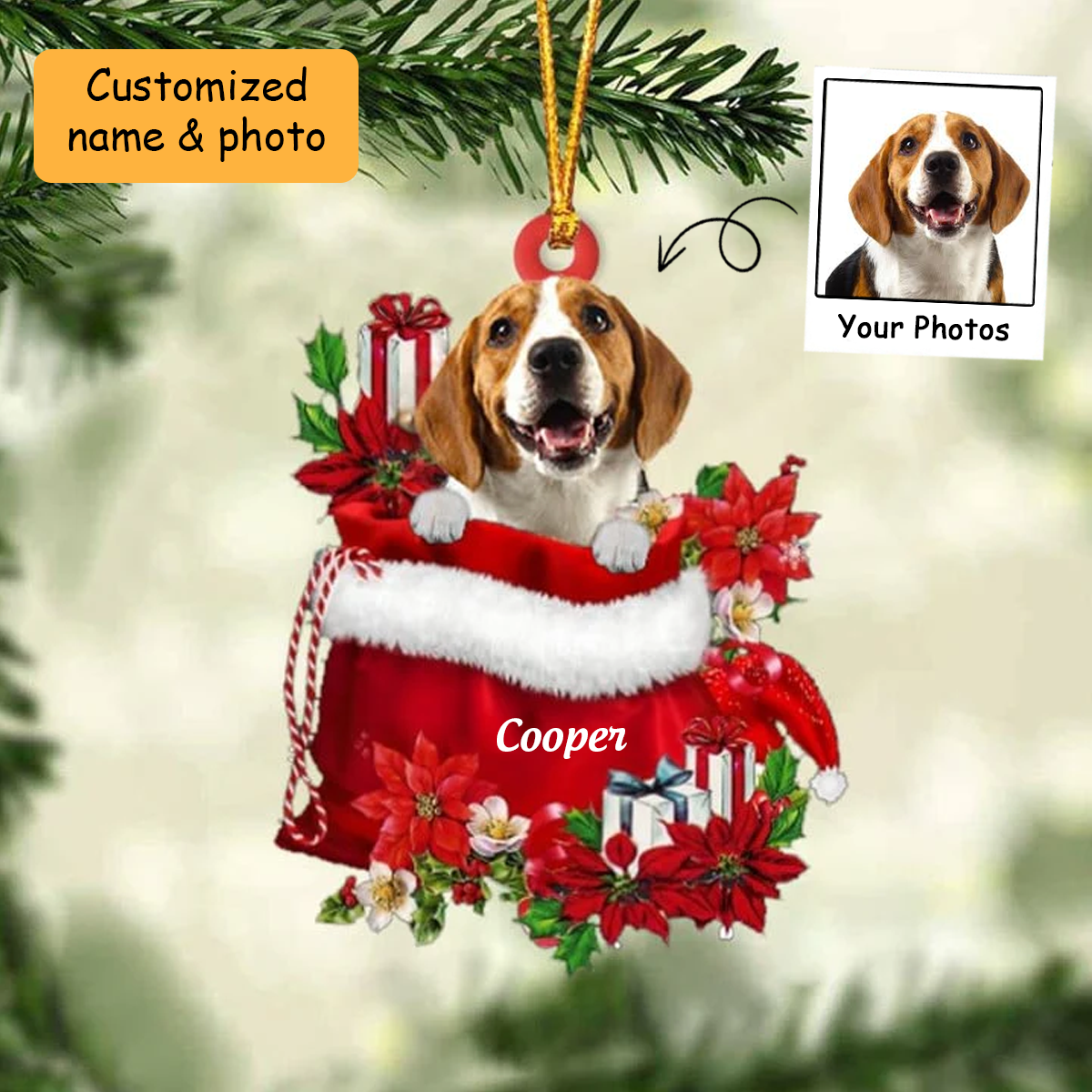Customized Beagle In Red Gift Bag Acrylic Ornament, Personalized Christmas Gift For Dog Lovers, Dog Mom
