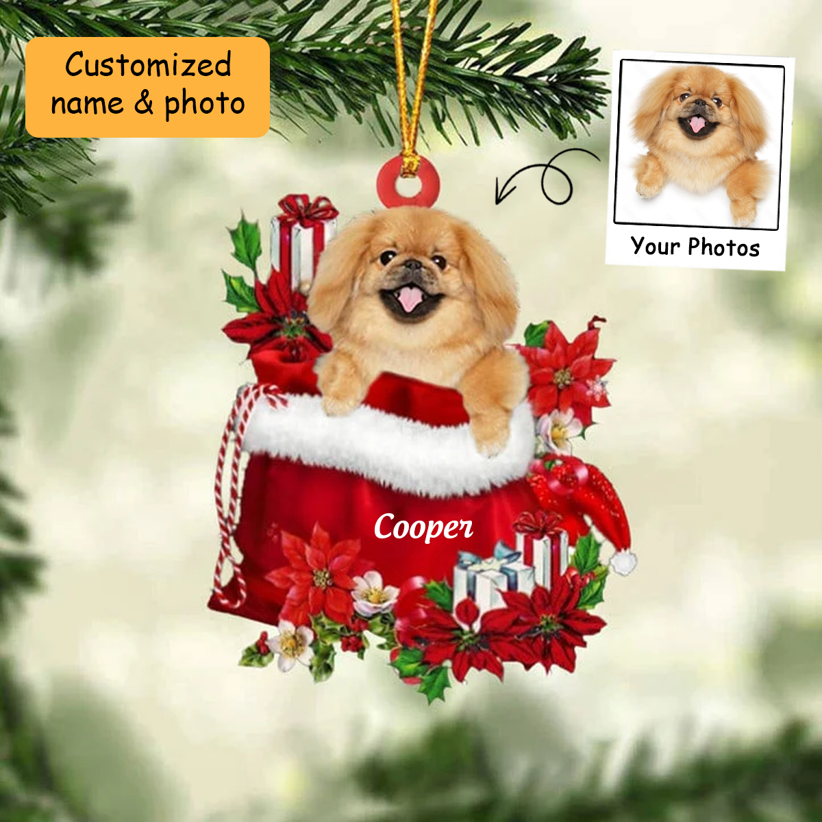 Customized Pekingese In Red Gift Bag Acrylic Ornament, Personalized Christmas Gift For Dog Lovers, Dog Mom