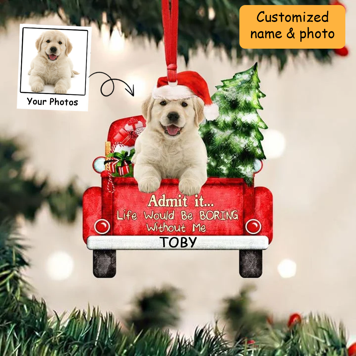 Customized Golden Retriever On The Red Truck Acrylic Christmas Ornament, Christmas Gift For Dog Lovers, Dog Owners