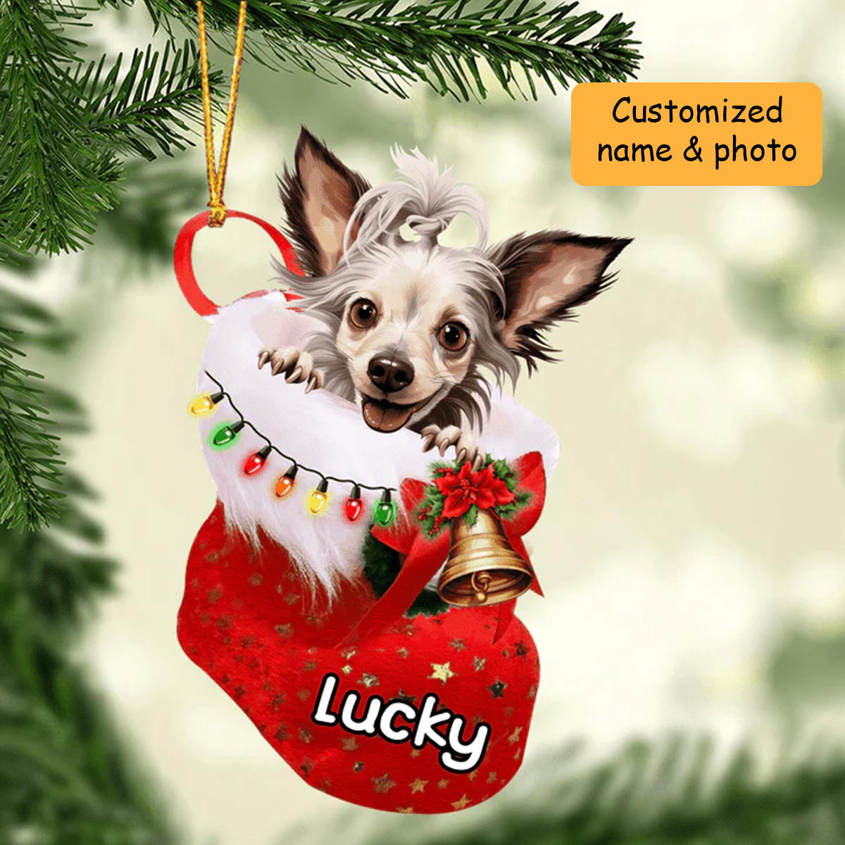Personalized Chinese Crested In Christmas Stocking Acrylic Ornament, Christmas Gifts Ornament for Dog Lover