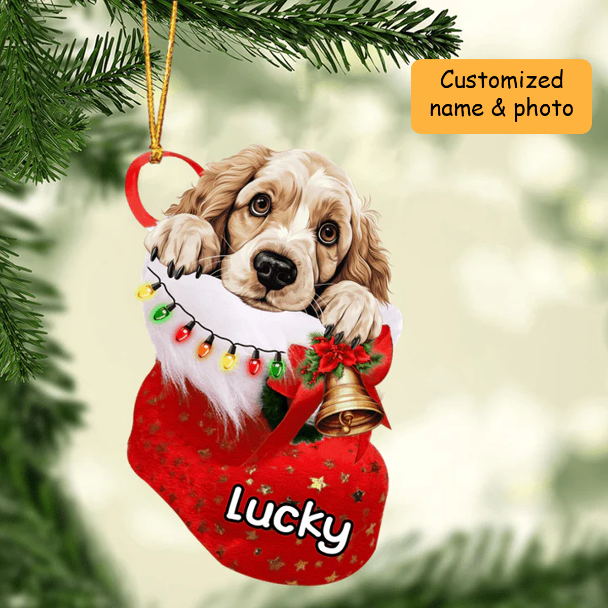 Personalized Clumber Spaniel In Christmas Stocking Acrylic Ornament, Christmas Gifts Ornament for Dog Lover