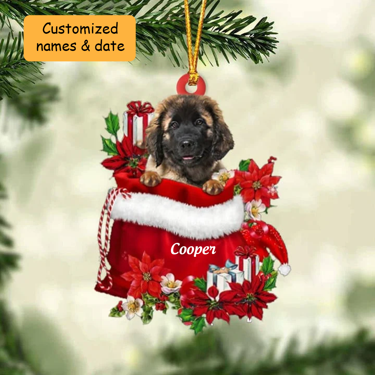 Customized Leonberger In Red Gift Bag Acrylic Ornament, Christmas Gift For Dog Lovers, Dog Mom