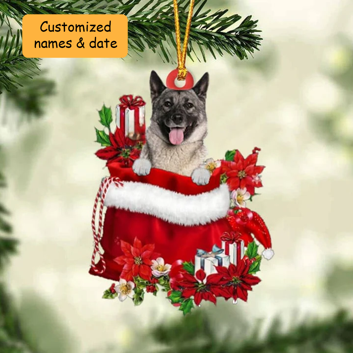 Customized Norwegian Elkhound In Red Gift Bag Acrylic Ornament, Christmas Gift For Dog Lovers, Dog Mom