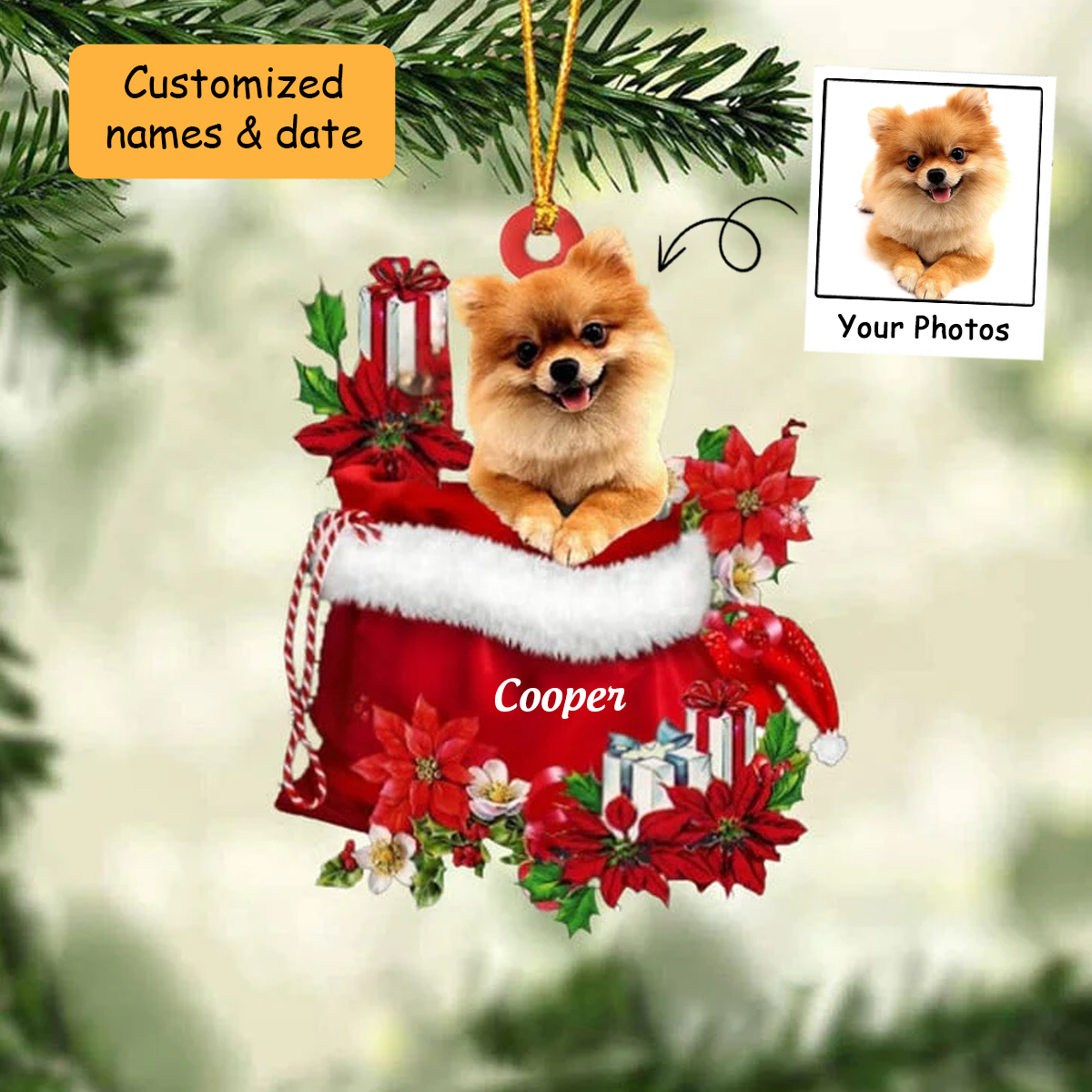 Customized Pomeranian In Red Gift Bag Acrylic Ornament, Christmas Gift For Dog Lovers, Dog Mom