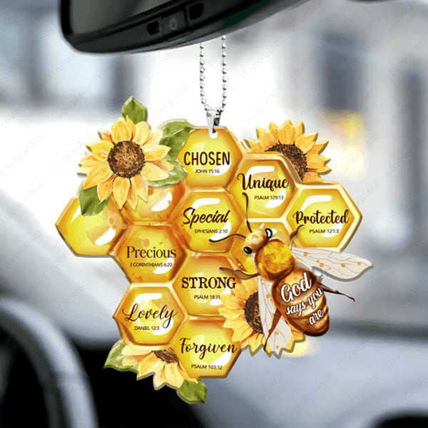Bee And Honeycomb Sunflower God Says Are You Acrylic Car Ornament, Perfect Christmas Gift For Family, Friends